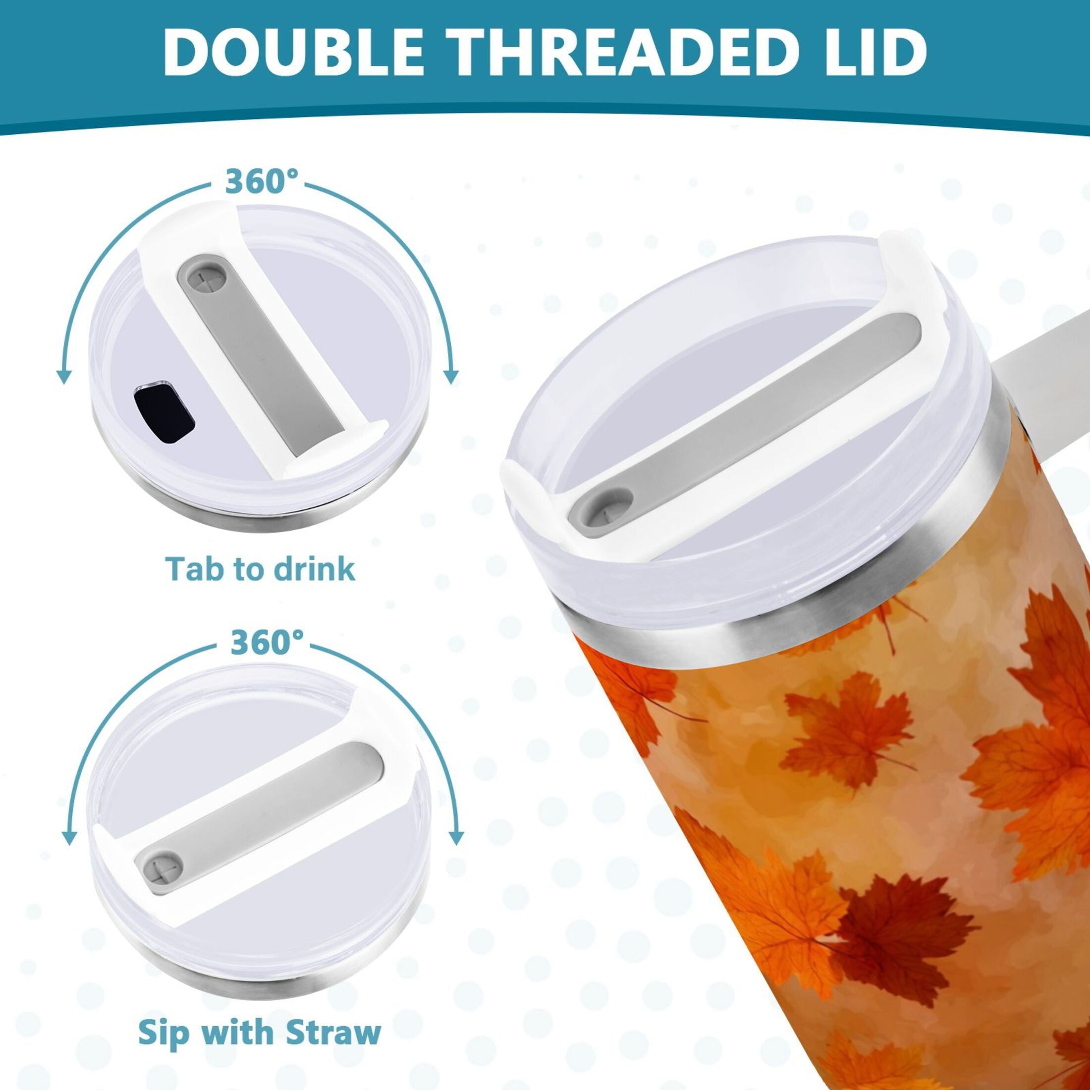 40 oz Insulated Stainless Steel Tumbler Double Wall Stainless Steel Tumbler with 2-Way Drinking Orange and Brown Autumn Leaves C481U