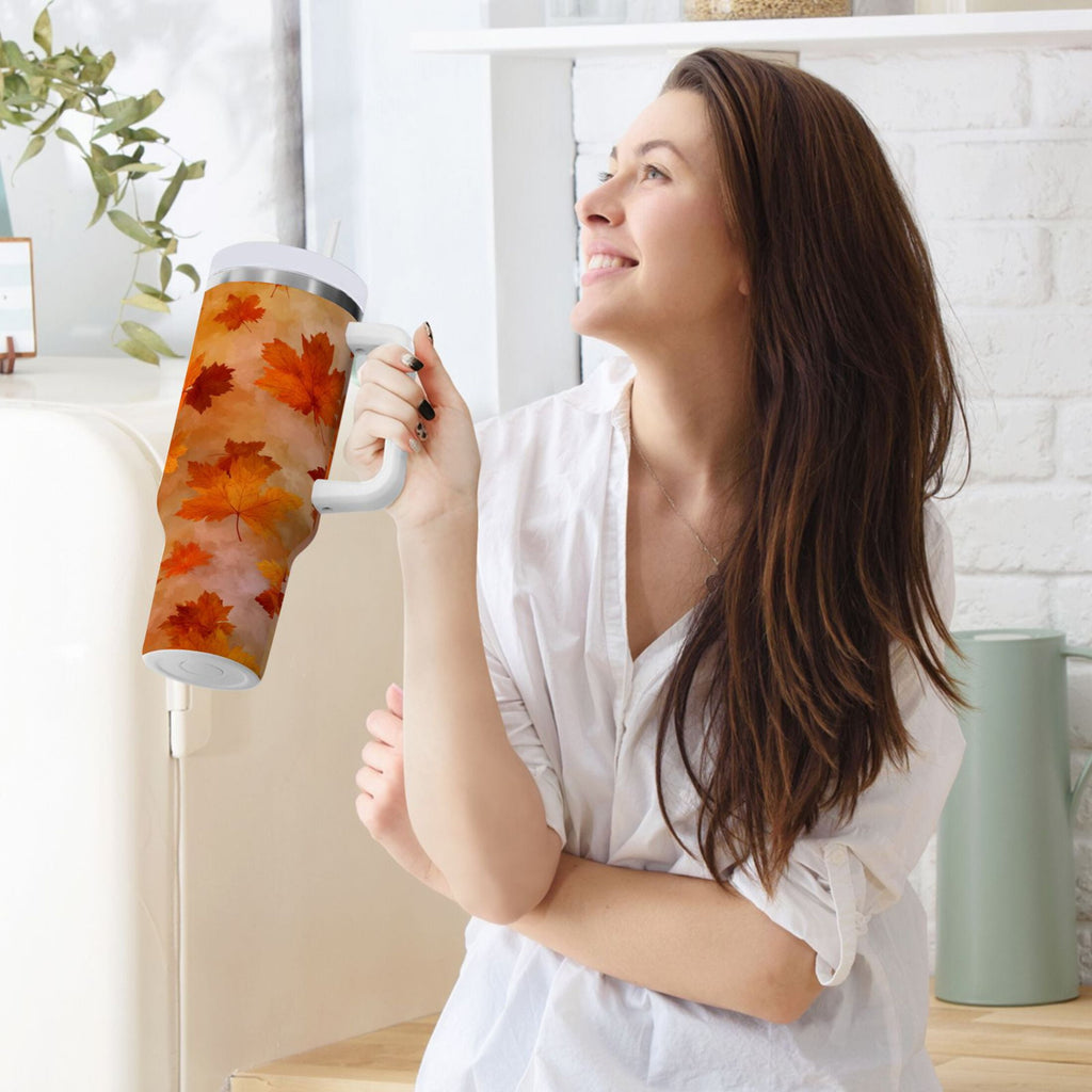 40 oz Insulated Stainless Steel Tumbler Double Wall Stainless Steel Tumbler with 2-Way Drinking Orange and Brown Autumn Leaves C481U