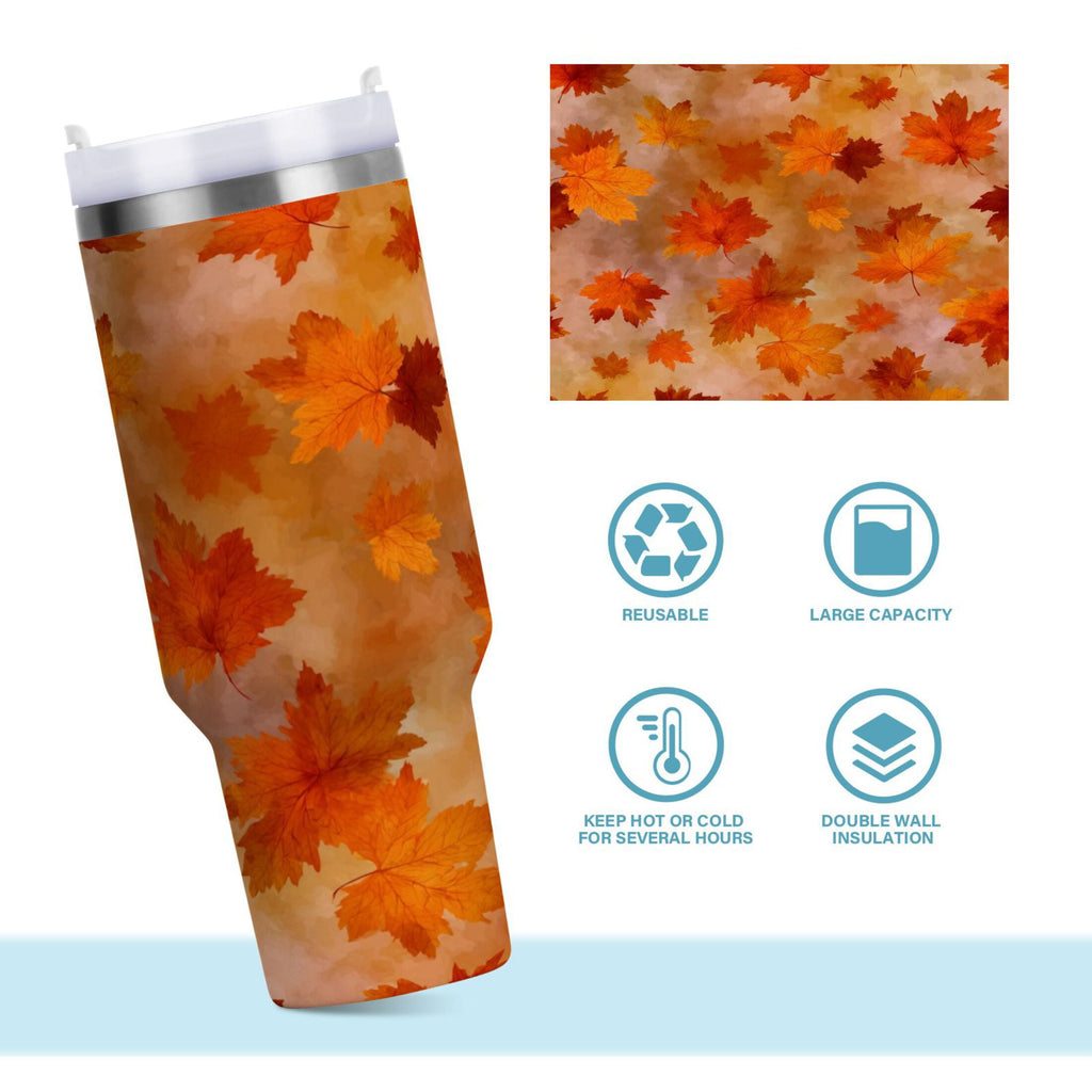 40 oz Insulated Stainless Steel Tumbler Double Wall Stainless Steel Tumbler with 2-Way Drinking Orange and Brown Autumn Leaves C481U