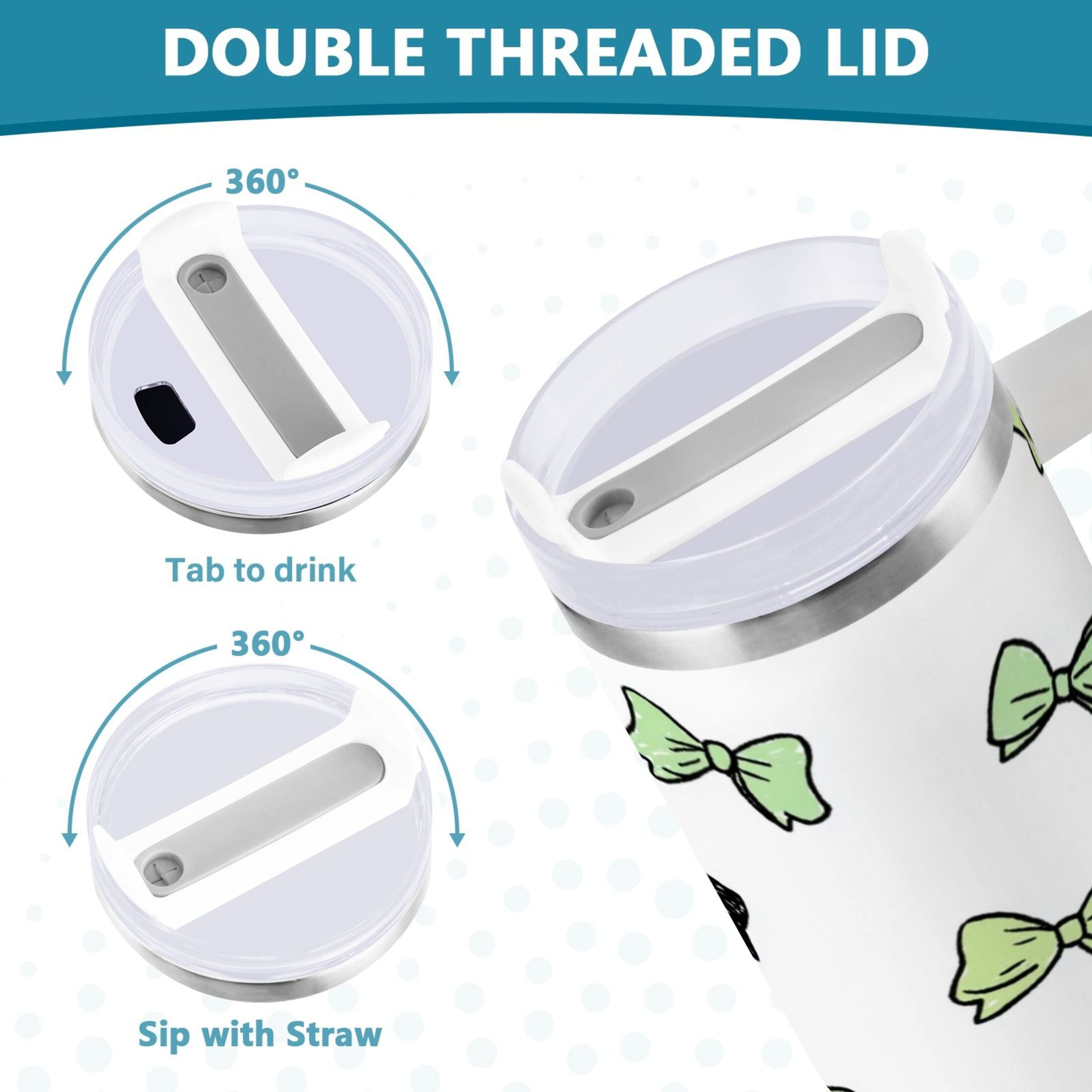 40 oz Insulated Stainless Steel Tumbler Double Wall Stainless Steel Tumbler with 2-Way Drinking Green and Black Bows C553B