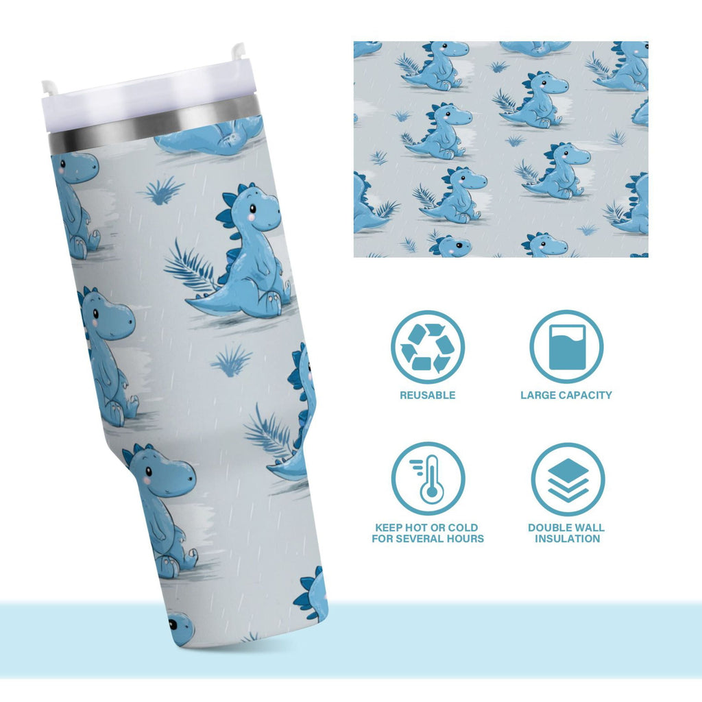 30 oz Insulated Stainless Steel Tumbler Double Wall Stainless Steel Tumbler with 2-Way Drinking Cartoon Blue Dinosaurs C495H
