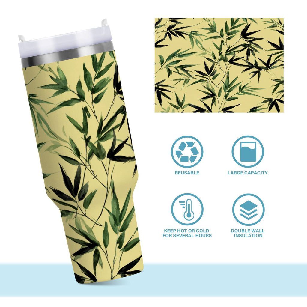 30 oz Insulated Stainless Steel Tumbler Double Wall Stainless Steel Tumbler with 2-Way Drinking Bamboo and Green Leaves C633T