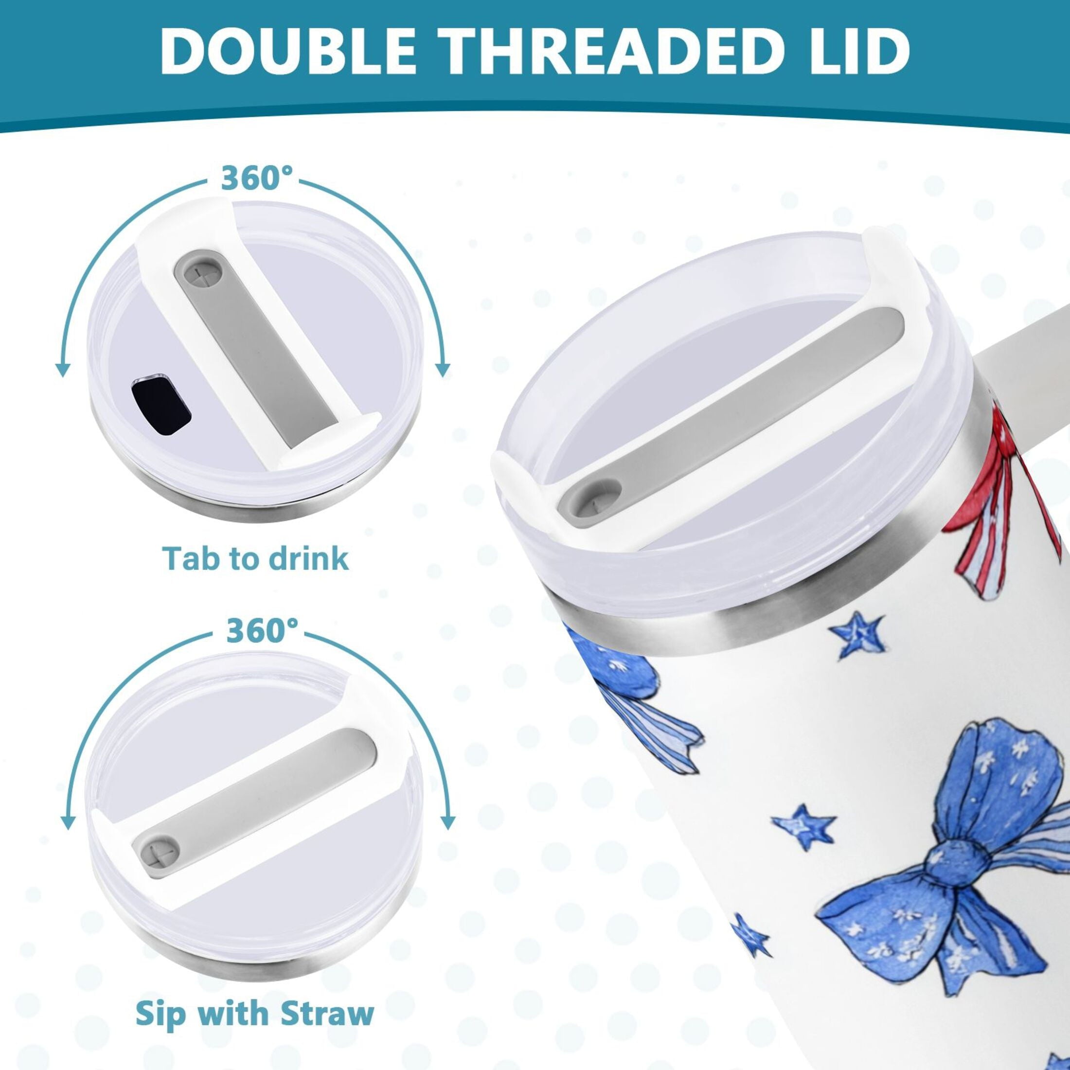40 oz Insulated Stainless Steel Tumbler Double Wall Stainless Steel Tumbler with 2-Way Drinking Hand-drawn Bows C587X