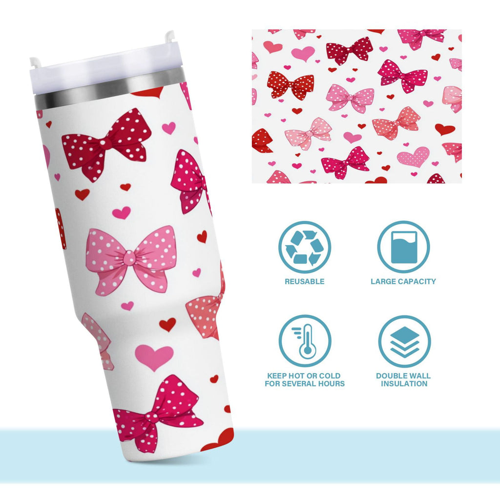 30 oz Insulated Stainless Steel Tumbler Double Wall Stainless Steel Tumbler with 2-Way Drinking Red and Pink Bows C595R