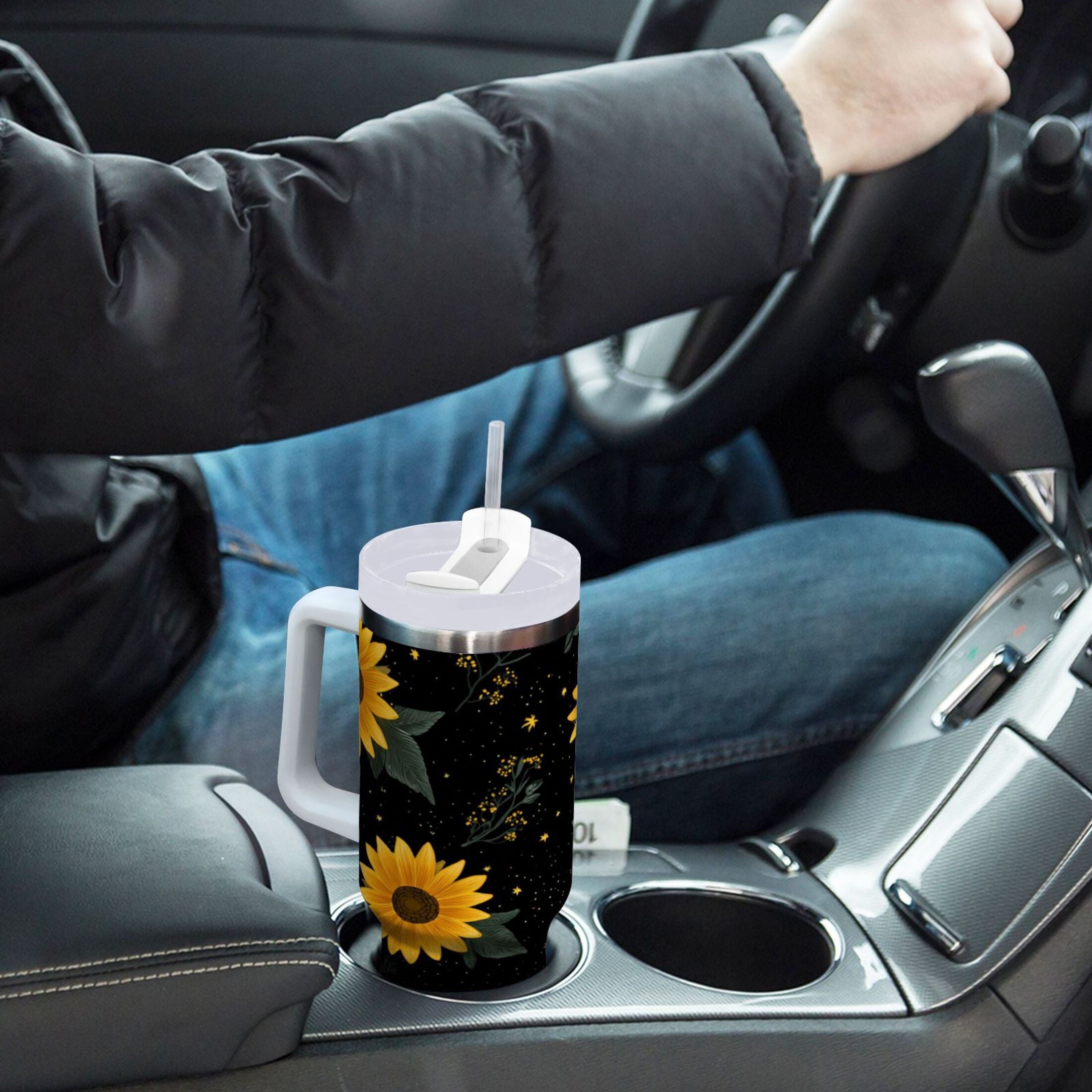 30 oz Insulated Stainless Steel Tumbler Double Wall Stainless Steel Tumbler with 2-Way Drinking Yellow Sunflower Pattern C532S