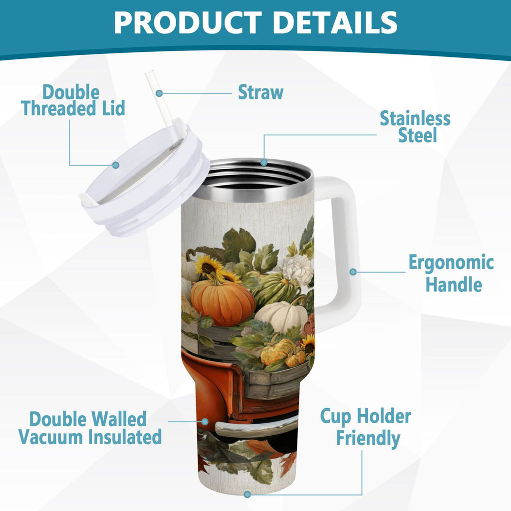 40 oz Insulated Stainless Steel Tumbler Double Wall Stainless Steel Tumbler with 2-Way Drinking Truck Full Of Pumpkins C650K