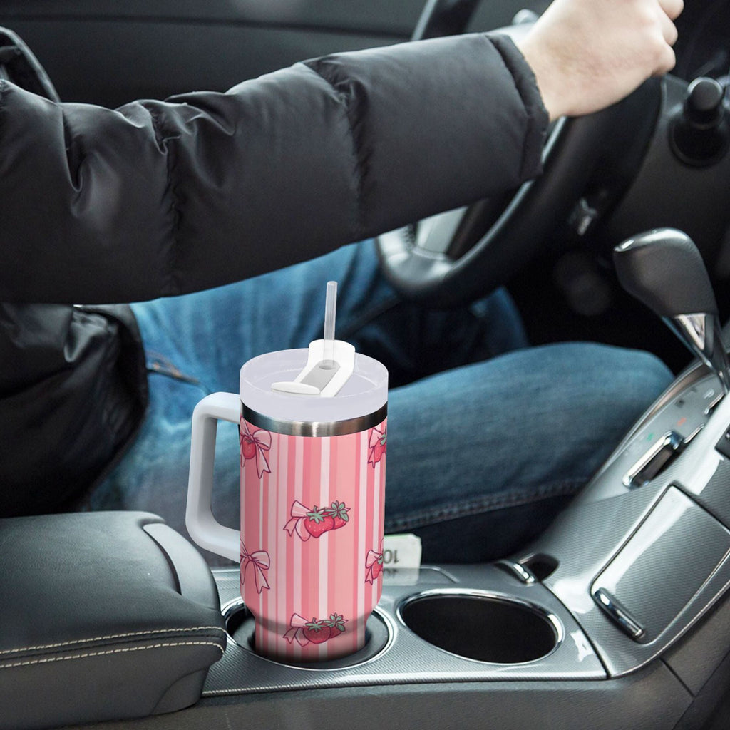 30 oz Insulated Stainless Steel Tumbler Double Wall Stainless Steel Tumbler with 2-Way Drinking Pink Bows and Strawberries C628Y