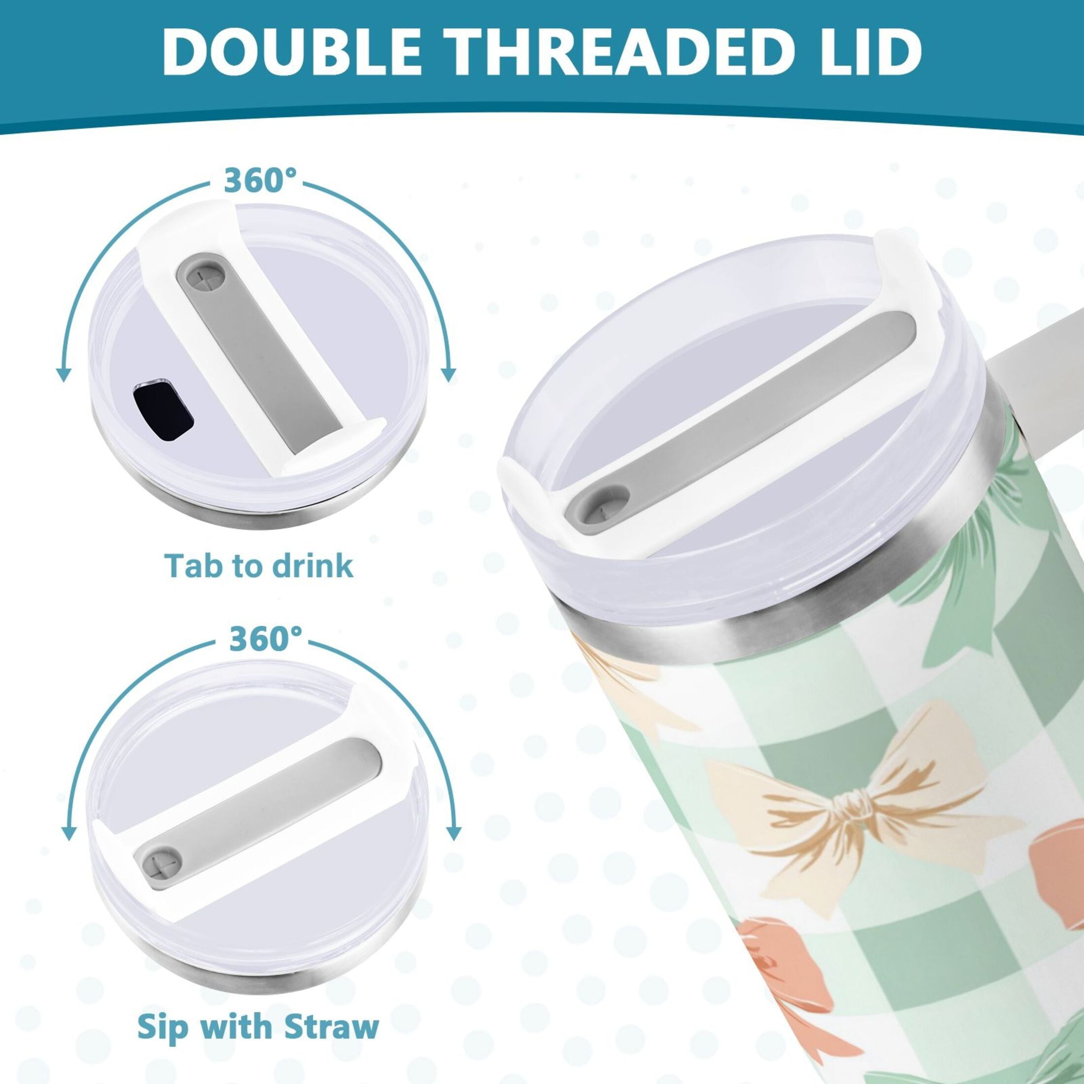 40 oz Insulated Stainless Steel Tumbler Double Wall Stainless Steel Tumbler with 2-Way Drinking Green and Peach Bow Pattern C544E