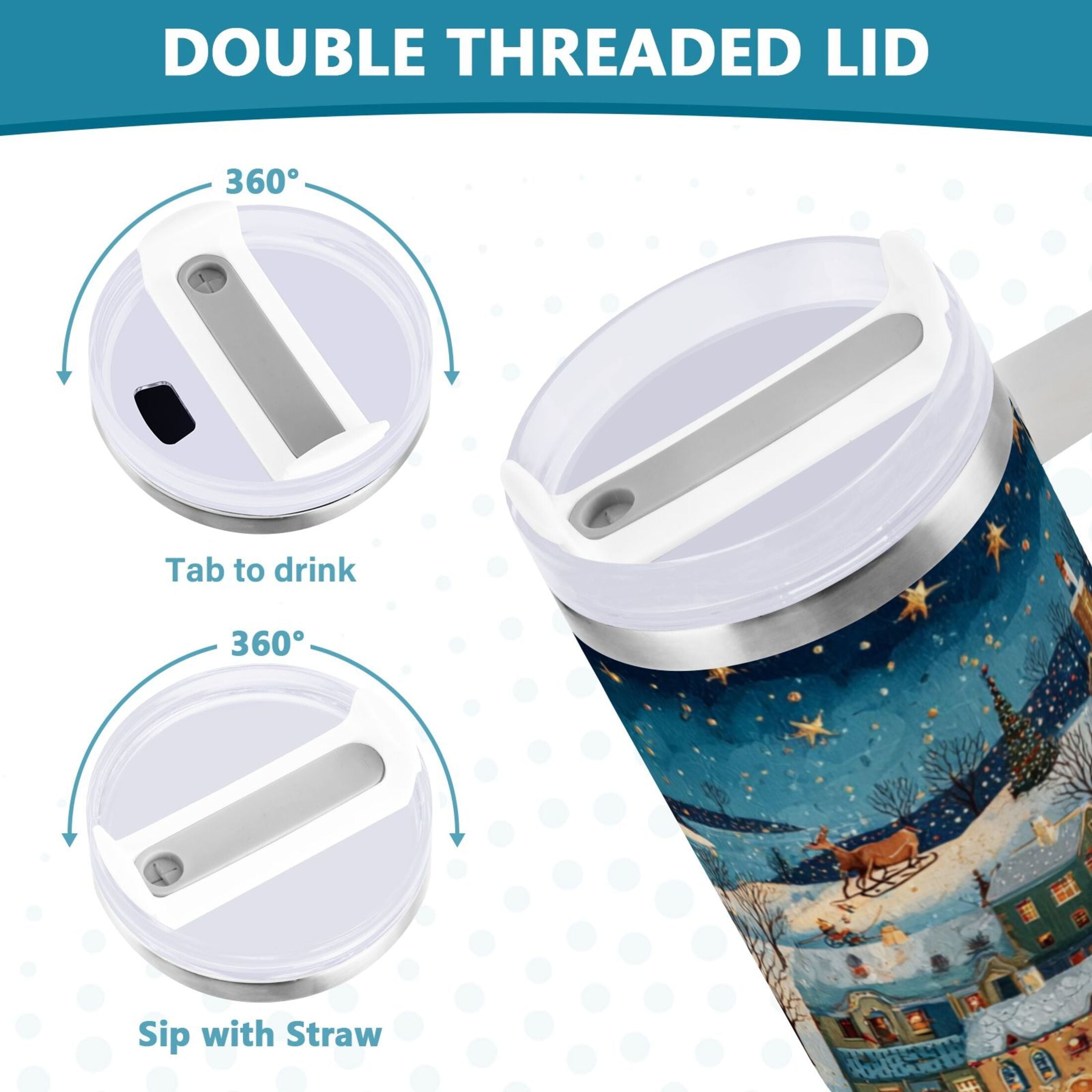30 oz Insulated Stainless Steel Tumbler Double Wall Stainless Steel Tumbler with 2-Way Drinking Whimsical Christmas Scene C545C