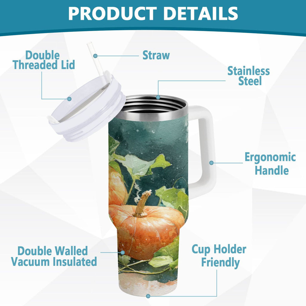 40 oz Insulated Stainless Steel Tumbler Double Wall Stainless Steel Tumbler with 2-Way Drinking Orange and White Pumpkins C535T