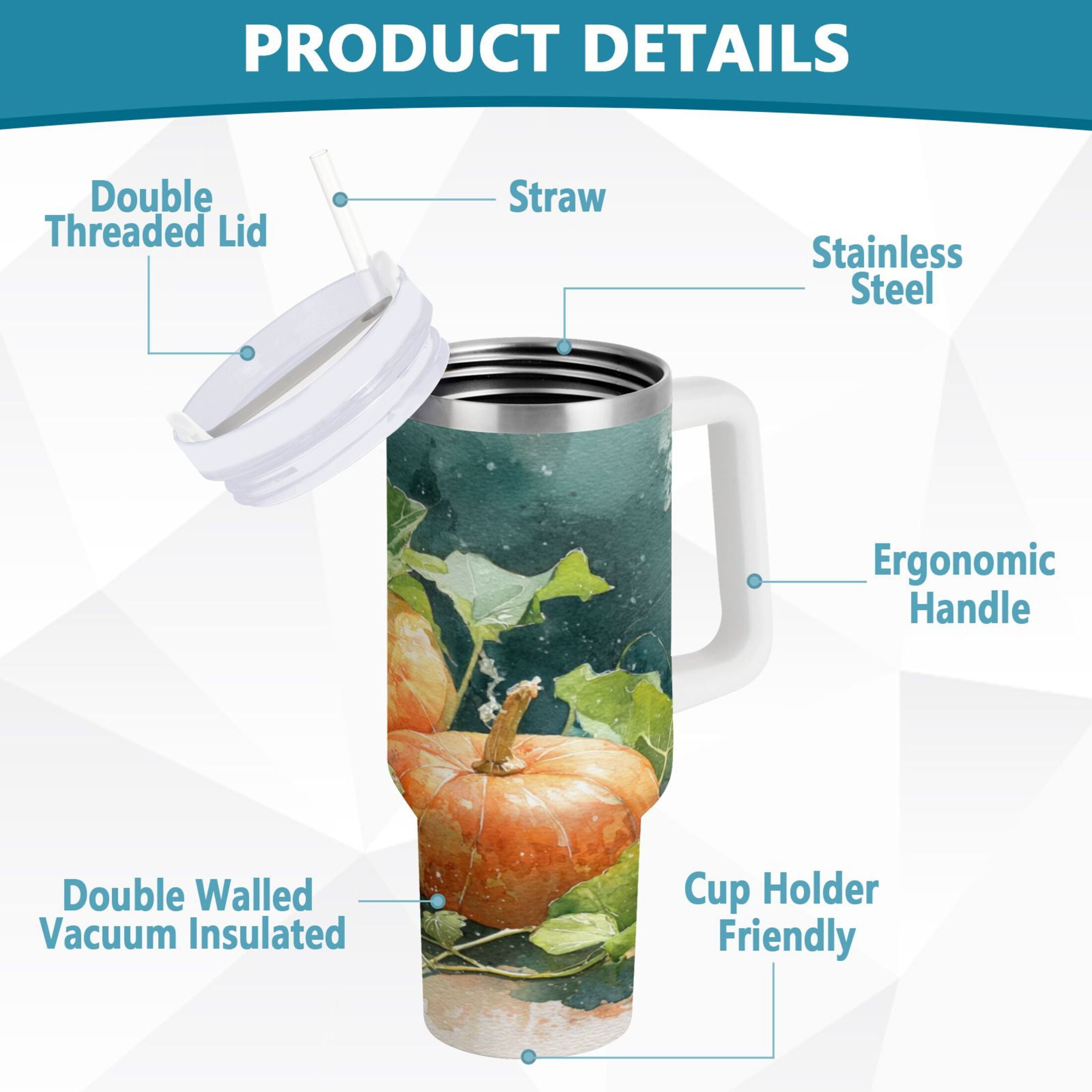 40 oz Insulated Stainless Steel Tumbler Double Wall Stainless Steel Tumbler with 2-Way Drinking Orange and White Pumpkins C535T