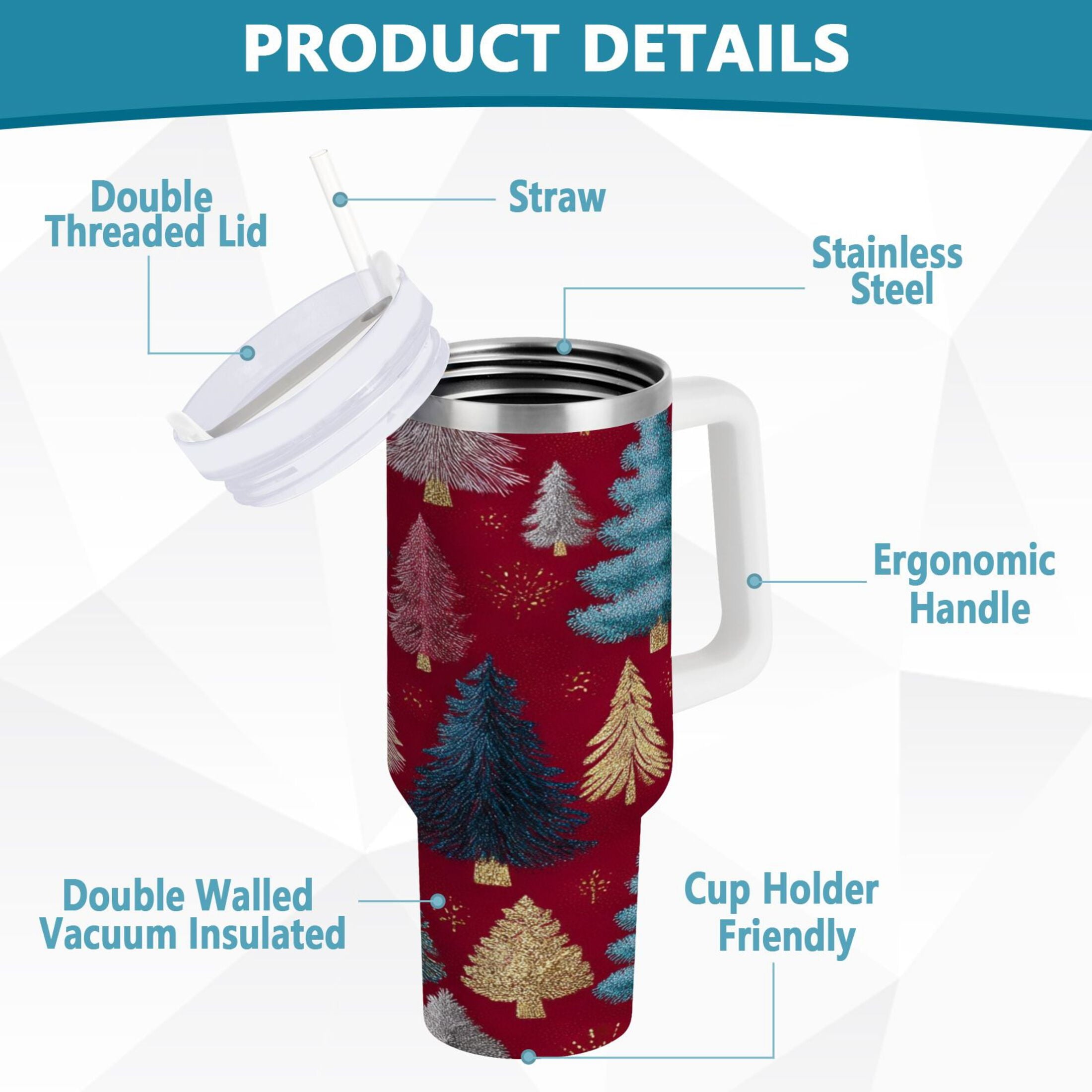 30 oz Insulated Stainless Steel Tumbler Double Wall Stainless Steel Tumbler with 2-Way Drinking Stylized Christmas Trees C644P