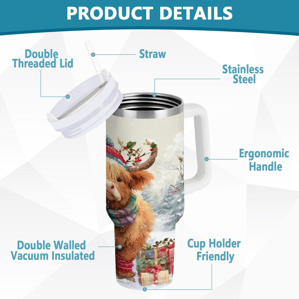 30 oz Insulated Stainless Steel Tumbler Double Wall Stainless Steel Tumbler with 2-Way Drinking Cow Wearing Christmas Hat C681A
