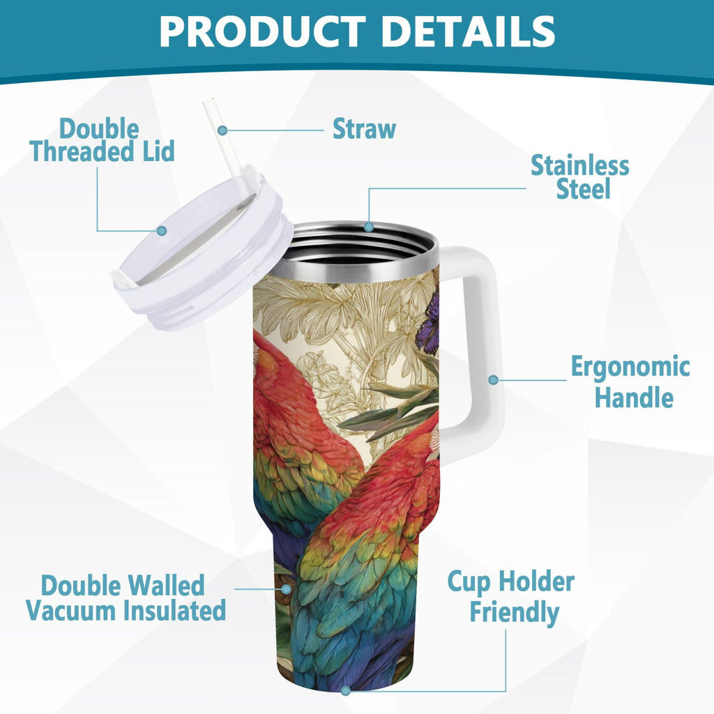30 oz Insulated Stainless Steel Tumbler Double Wall Stainless Steel Tumbler with 2-Way Drinking Colorful Beautiful Parrots C520H