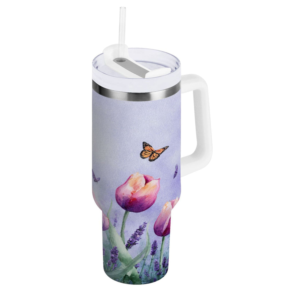 30 oz Insulated Stainless Steel Tumbler Double Wall Stainless Steel Tumbler with 2-Way Drinking Watercolor Tulips and Lavender C487U