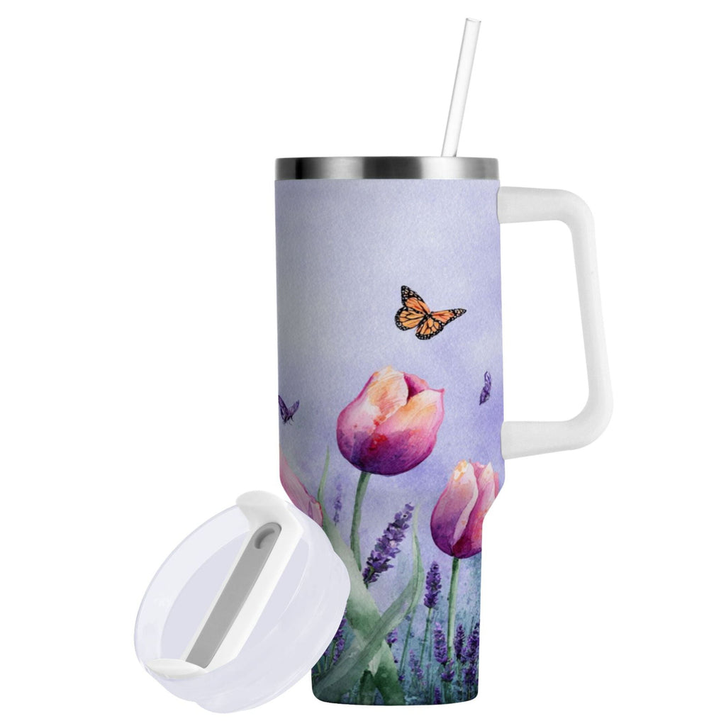 30 oz Insulated Stainless Steel Tumbler Double Wall Stainless Steel Tumbler with 2-Way Drinking Watercolor Tulips and Lavender C487U