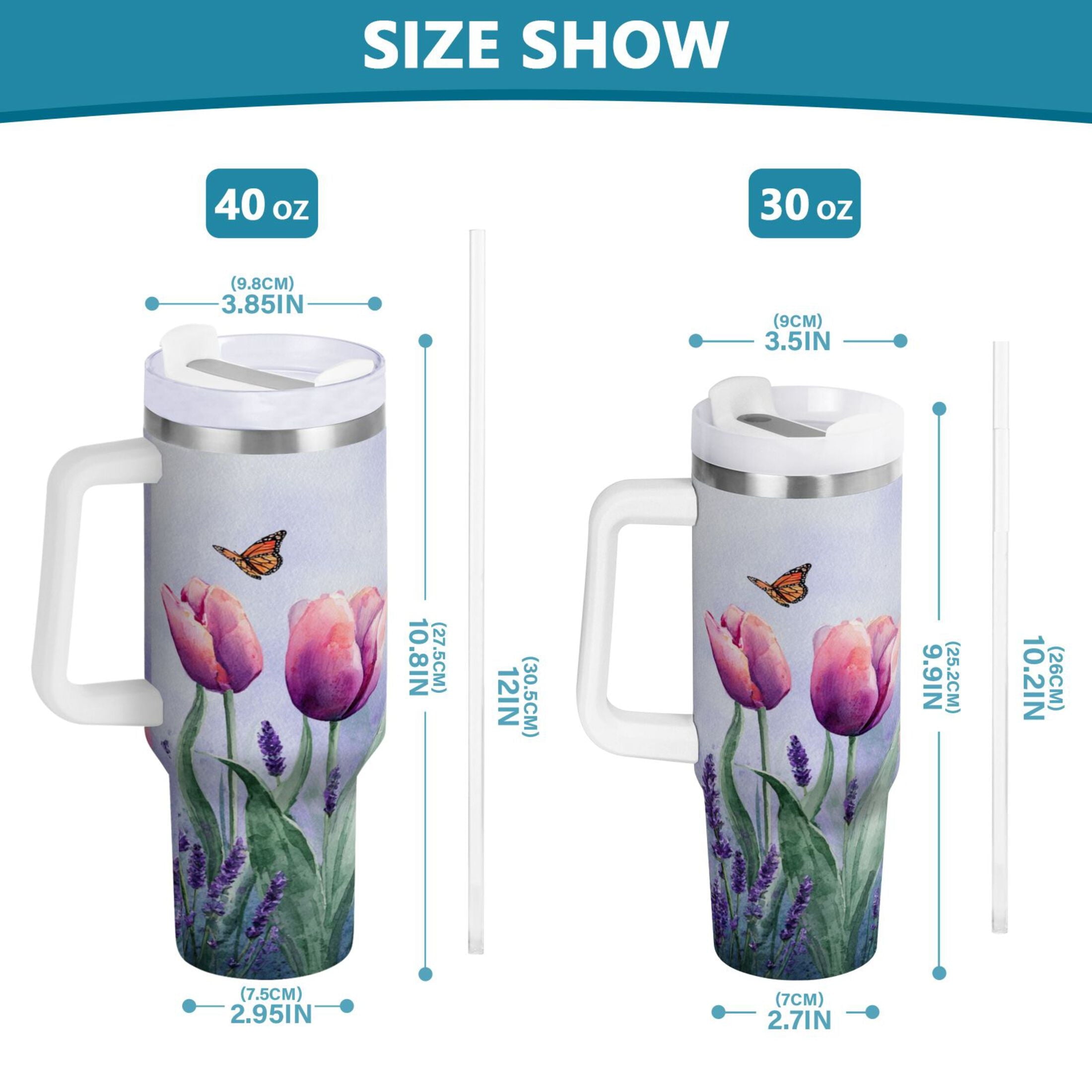 30 oz Insulated Stainless Steel Tumbler Double Wall Stainless Steel Tumbler with 2-Way Drinking Watercolor Tulips and Lavender C487U