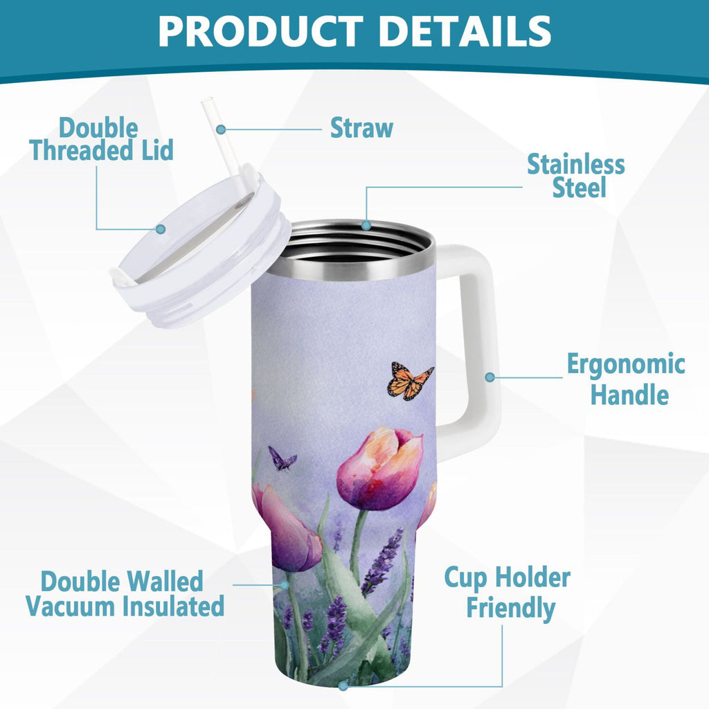 30 oz Insulated Stainless Steel Tumbler Double Wall Stainless Steel Tumbler with 2-Way Drinking Watercolor Tulips and Lavender C487U