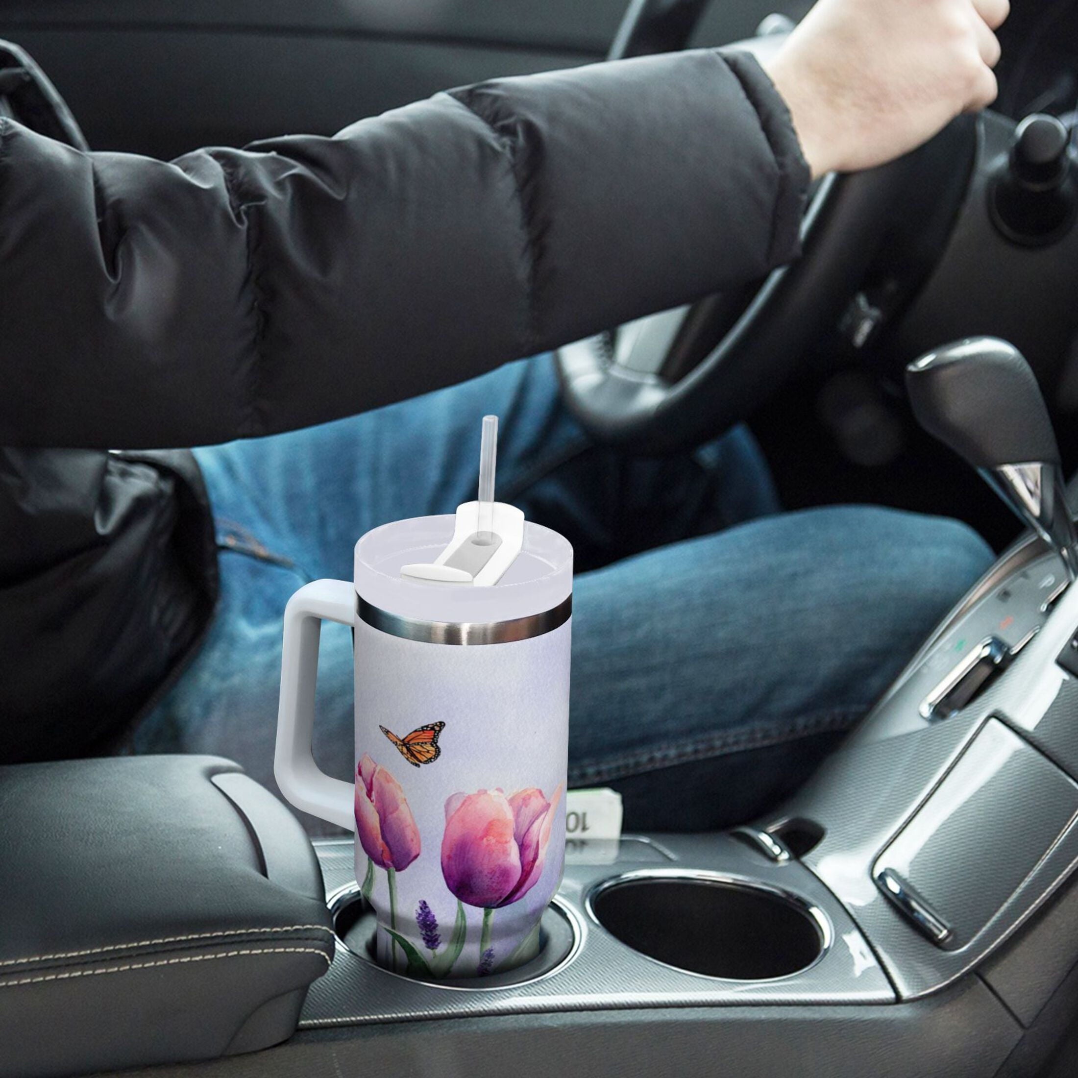 30 oz Insulated Stainless Steel Tumbler Double Wall Stainless Steel Tumbler with 2-Way Drinking Watercolor Tulips and Lavender C487U