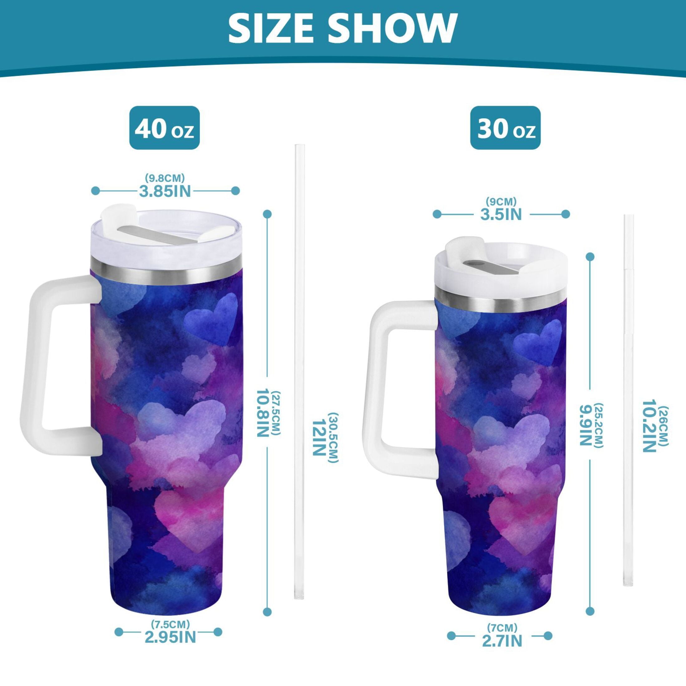 30 oz Insulated Stainless Steel Tumbler Double Wall Stainless Steel Tumbler with 2-Way Drinking Indigo and Violet Hearts C479P