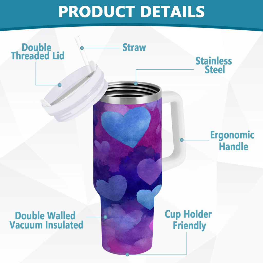 30 oz Insulated Stainless Steel Tumbler Double Wall Stainless Steel Tumbler with 2-Way Drinking Indigo and Violet Hearts C479P
