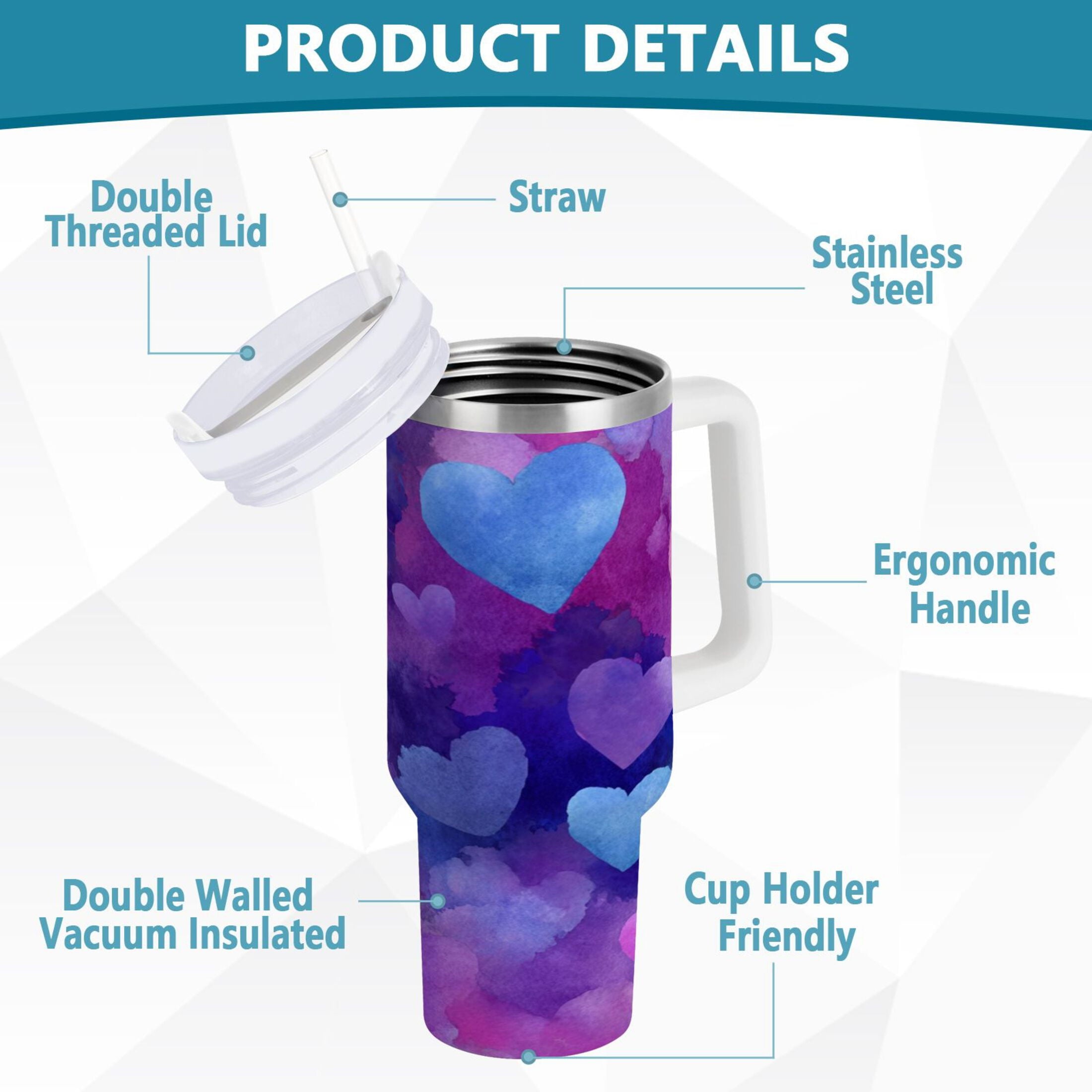 30 oz Insulated Stainless Steel Tumbler Double Wall Stainless Steel Tumbler with 2-Way Drinking Indigo and Violet Hearts C479P