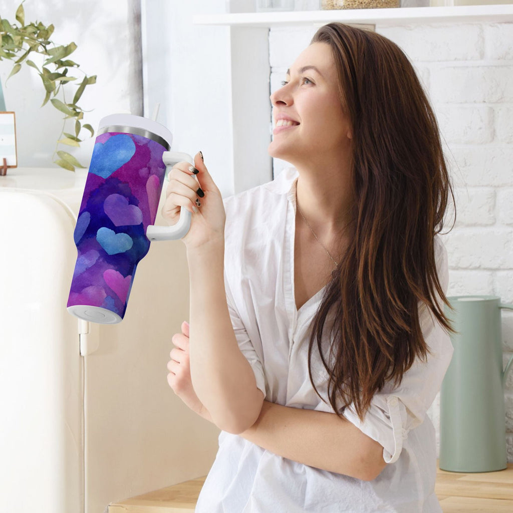 30 oz Insulated Stainless Steel Tumbler Double Wall Stainless Steel Tumbler with 2-Way Drinking Indigo and Violet Hearts C479P