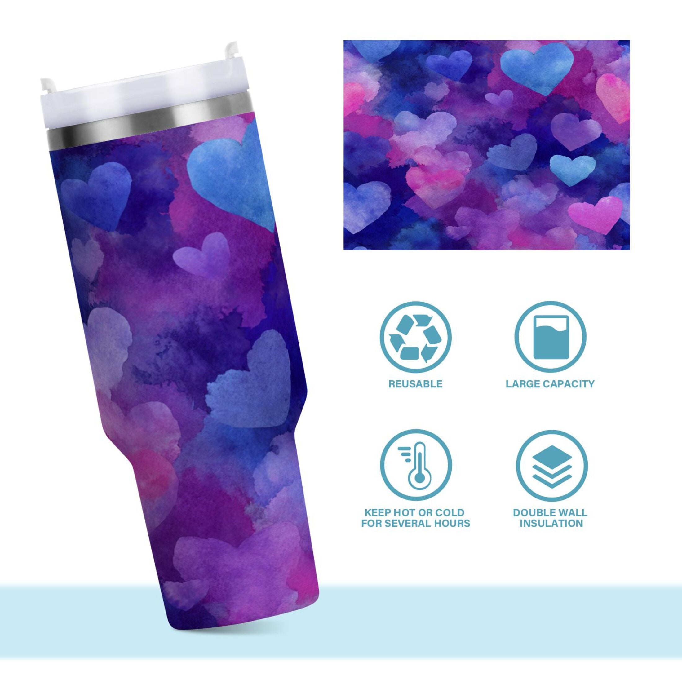 30 oz Insulated Stainless Steel Tumbler Double Wall Stainless Steel Tumbler with 2-Way Drinking Indigo and Violet Hearts C479P