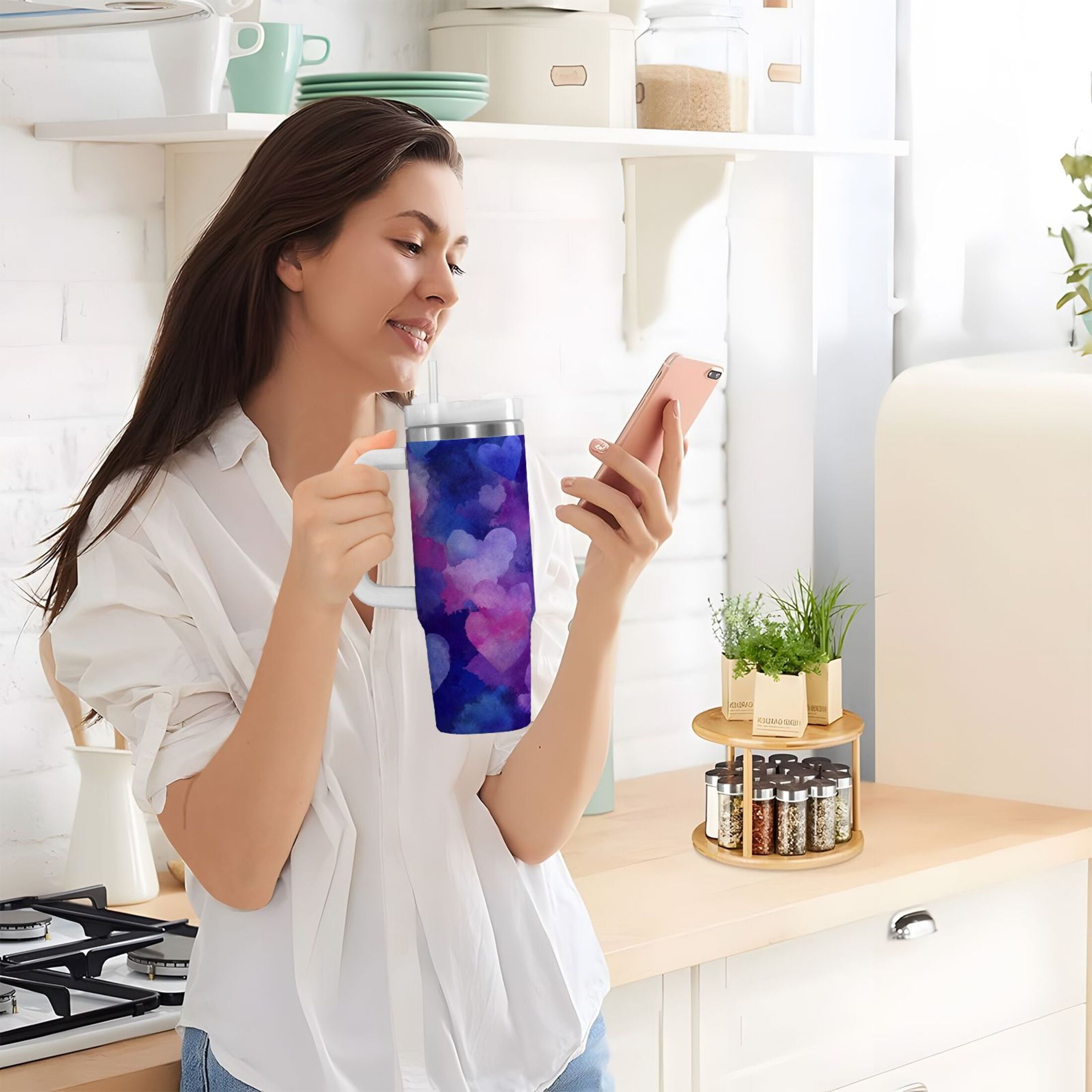 30 oz Insulated Stainless Steel Tumbler Double Wall Stainless Steel Tumbler with 2-Way Drinking Indigo and Violet Hearts C479P