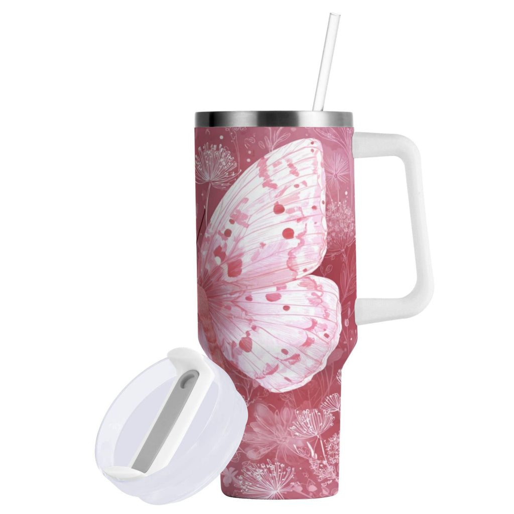30 oz Insulated Stainless Steel Tumbler Double Wall Stainless Steel Tumbler with 2-Way Drinking Soft Pink Butterfly C561B