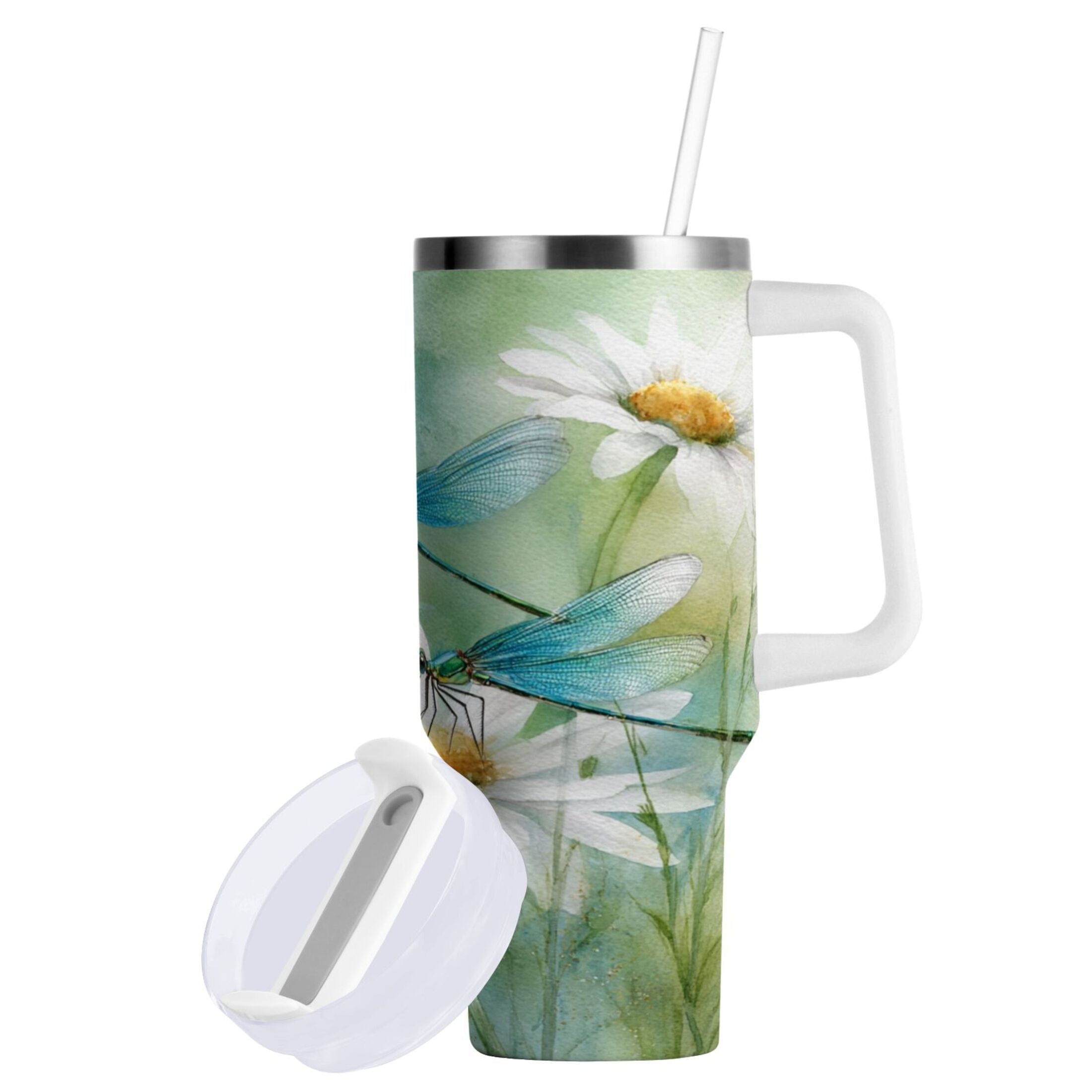 30 oz Insulated Stainless Steel Tumbler Double Wall Stainless Steel Tumbler with 2-Way Drinking Beautiful Dragonflies and Daisies C638S