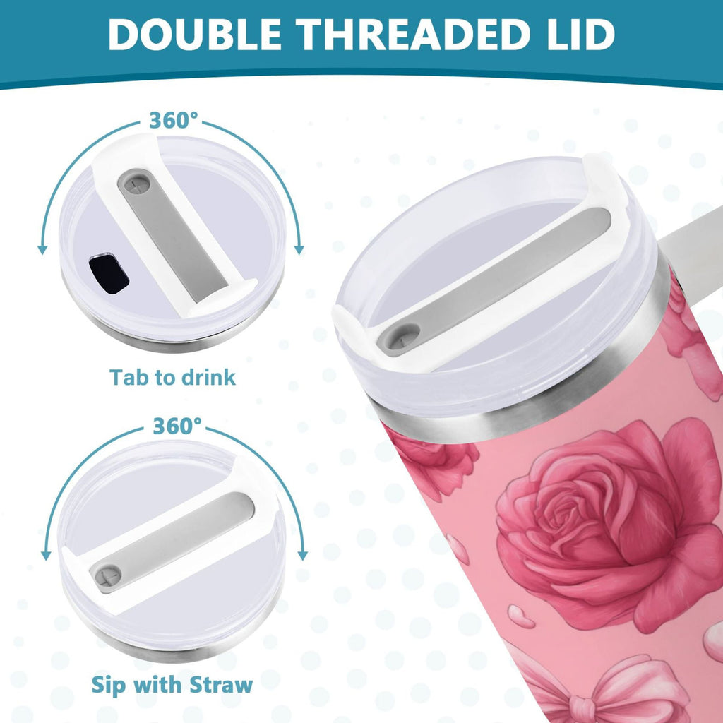 40 oz Insulated Stainless Steel Tumbler Double Wall Stainless Steel Tumbler with 2-Way Drinking Roses and Bows Pattern C661Z