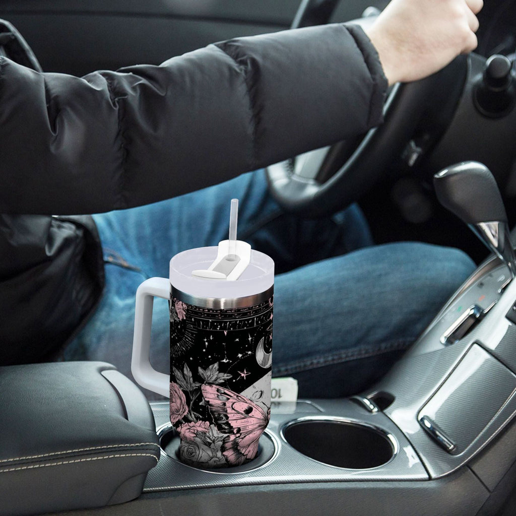 30 oz Insulated Stainless Steel Tumbler Double Wall Stainless Steel Tumbler with 2-Way Drinking Butterfly by Moon and Flowers C542H