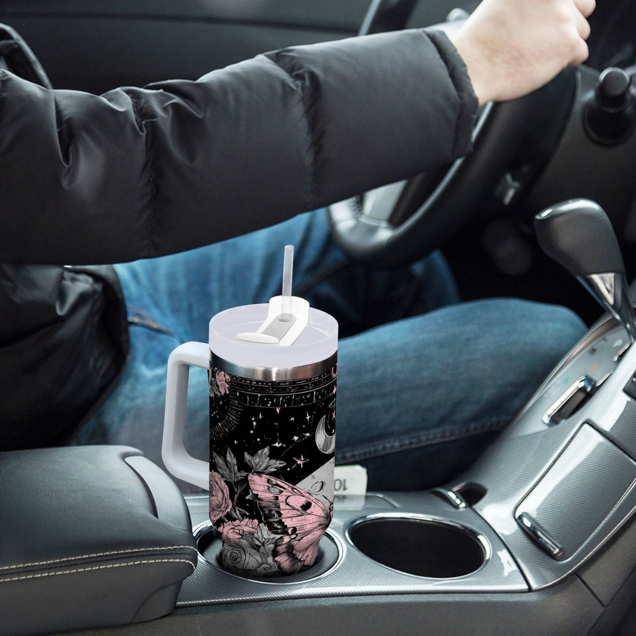 30 oz Insulated Stainless Steel Tumbler Double Wall Stainless Steel Tumbler with 2-Way Drinking Butterfly by Moon and Flowers C542H