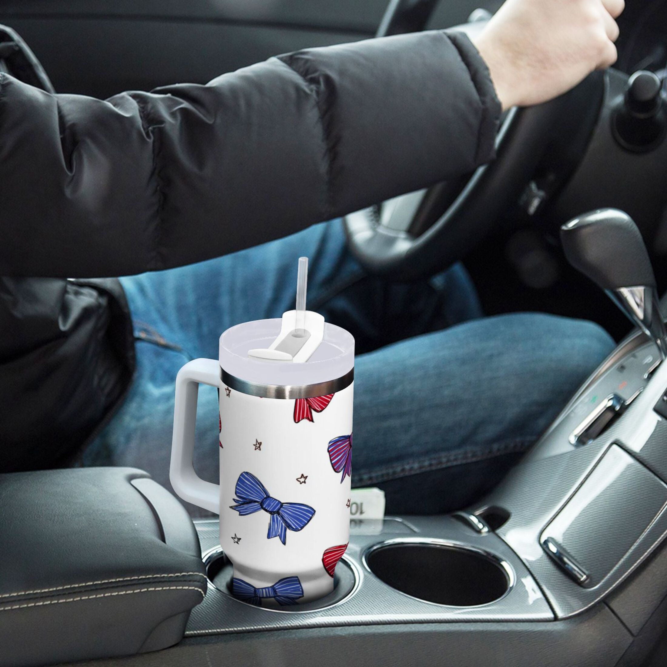 30 oz Insulated Stainless Steel Tumbler Double Wall Stainless Steel Tumbler with 2-Way Drinking Red and Blue Stripe Bows C656P