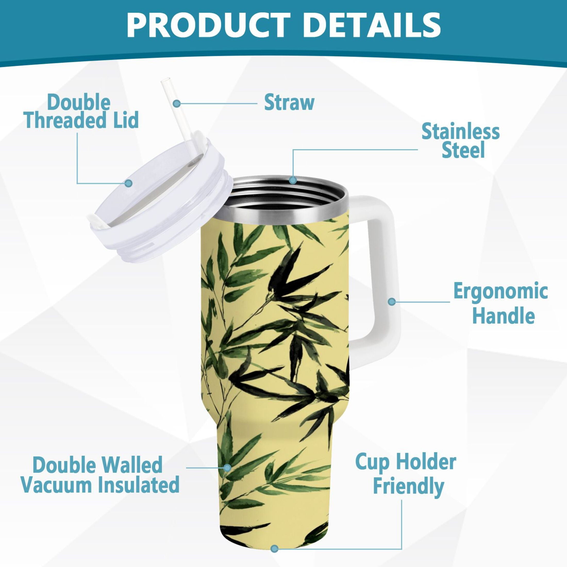 30 oz Insulated Stainless Steel Tumbler Double Wall Stainless Steel Tumbler with 2-Way Drinking Bamboo and Green Leaves C633T