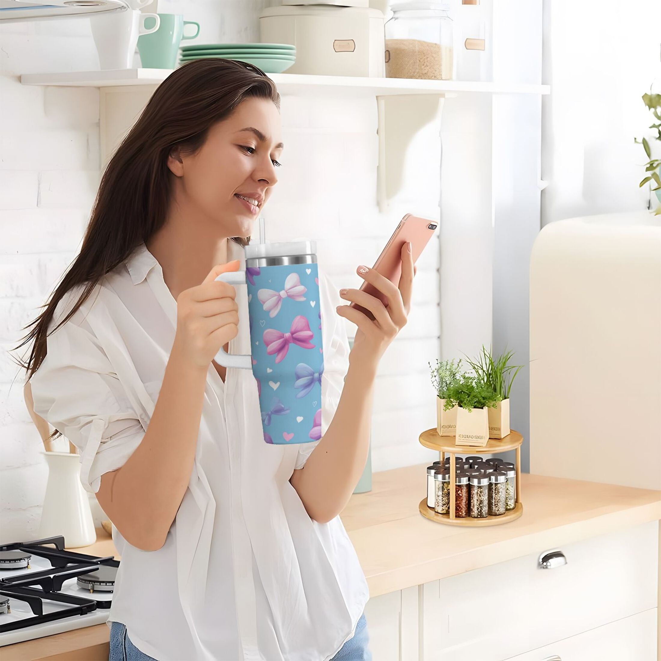 30 oz Insulated Stainless Steel Tumbler Double Wall Stainless Steel Tumbler with 2-Way Drinking Pink and Purple Bows C526N