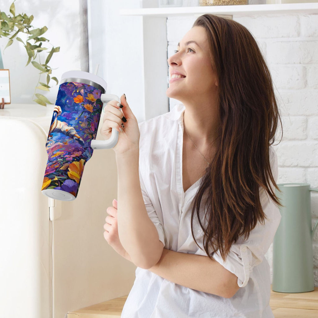 40 oz Insulated Stainless Steel Tumbler Double Wall Stainless Steel Tumbler with 2-Way Drinking Astronaut and Colorful Flowers C562D
