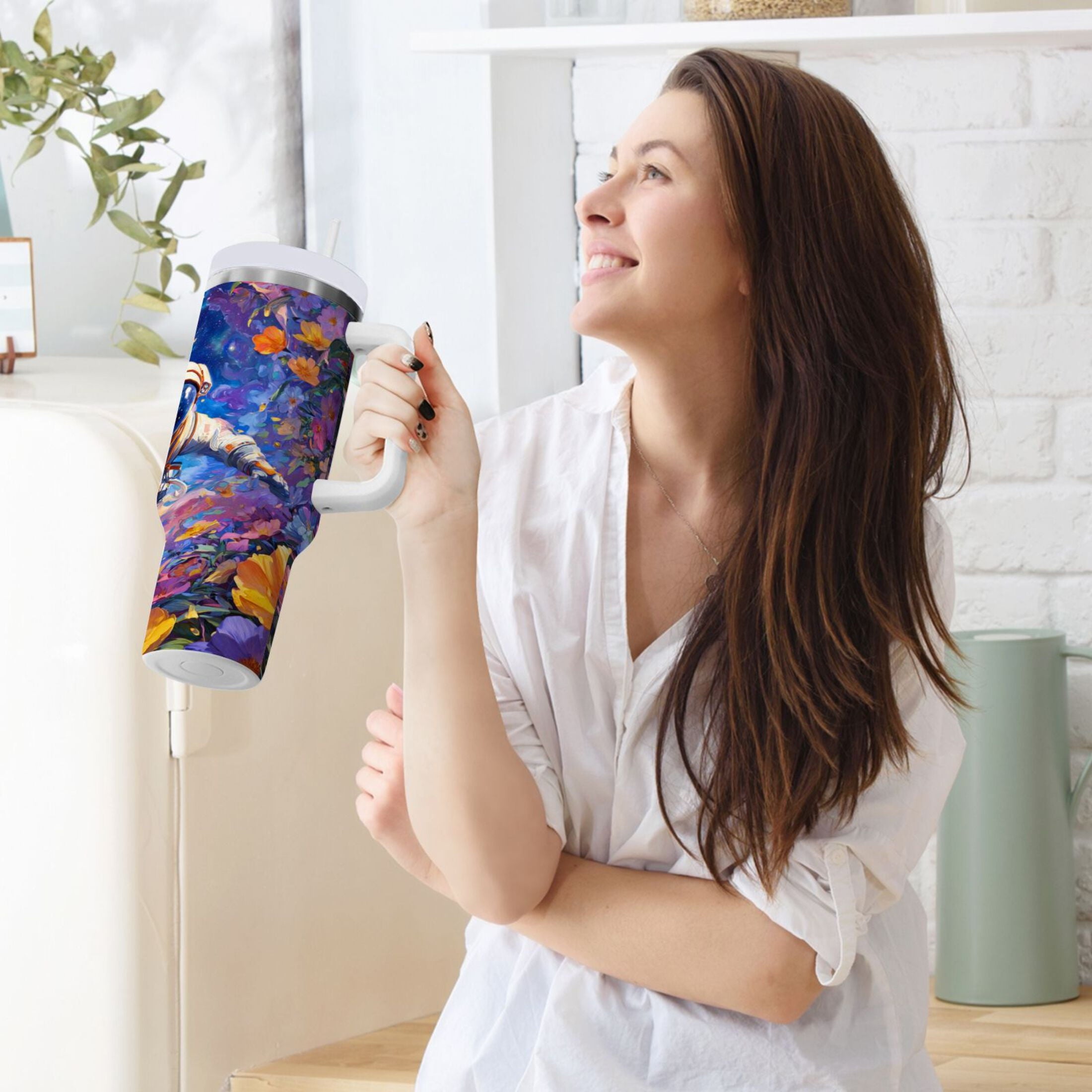 40 oz Insulated Stainless Steel Tumbler Double Wall Stainless Steel Tumbler with 2-Way Drinking Astronaut and Colorful Flowers C562D