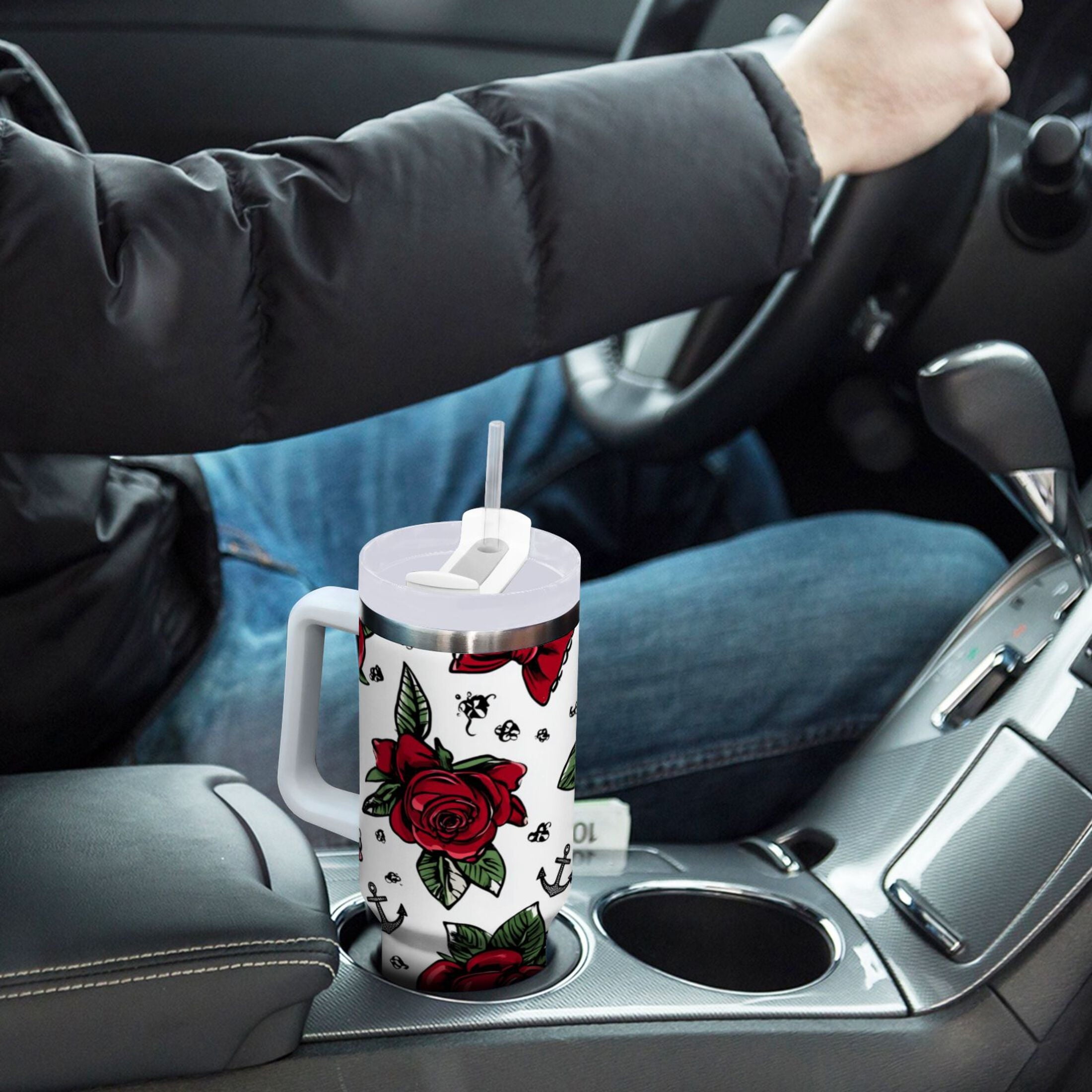 40 oz Insulated Stainless Steel Tumbler Double Wall Stainless Steel Tumbler with 2-Way Drinking Red Roses and Cherries C599D