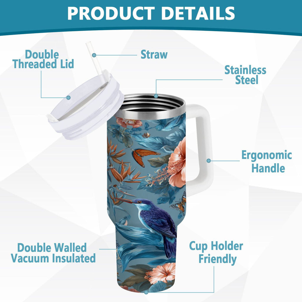 30 oz Insulated Stainless Steel Tumbler Double Wall Stainless Steel Tumbler with 2-Way Drinking Birds and Flowers C552Y