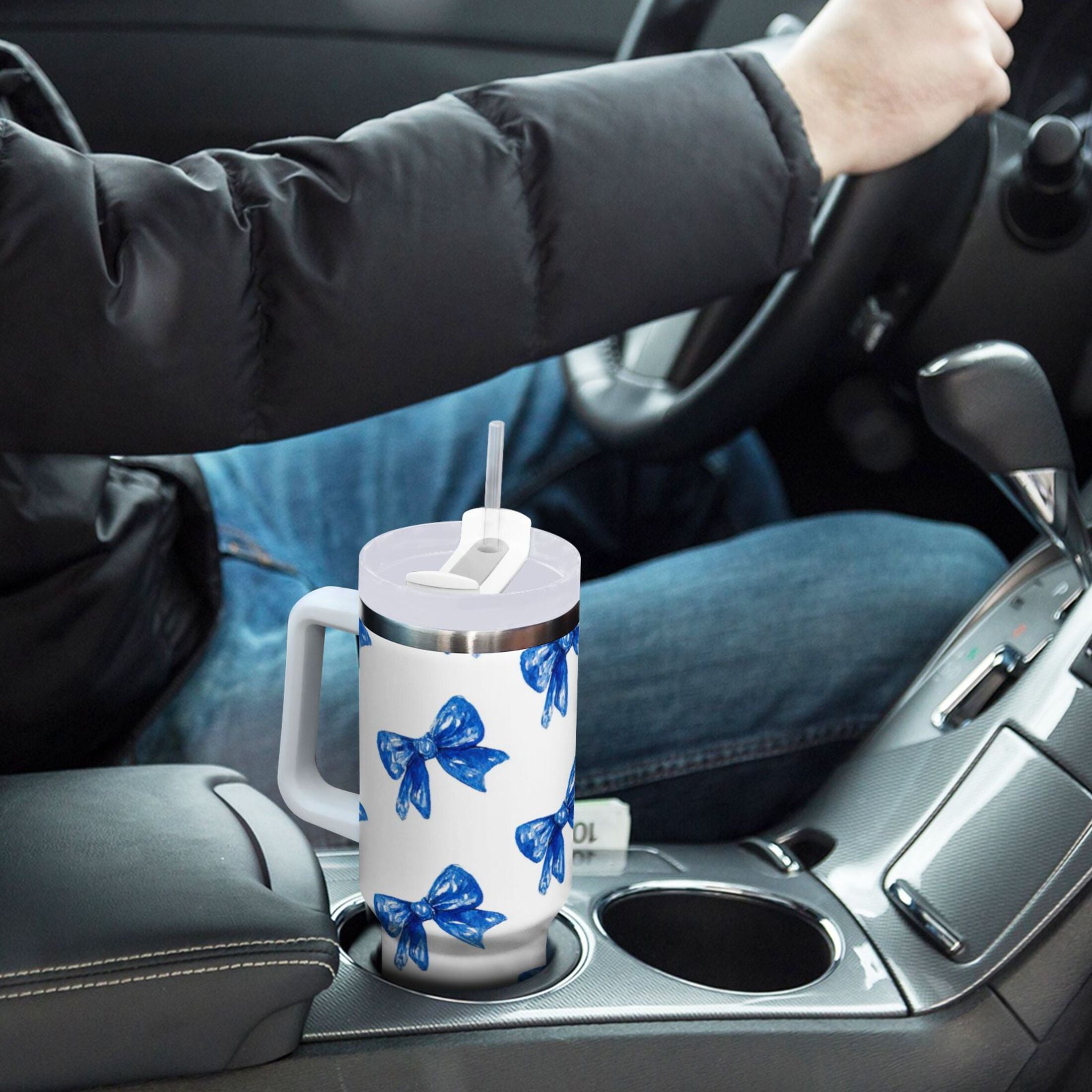 30 oz Insulated Stainless Steel Tumbler Double Wall Stainless Steel Tumbler with 2-Way Drinking Blue Bows Pattern C620Q