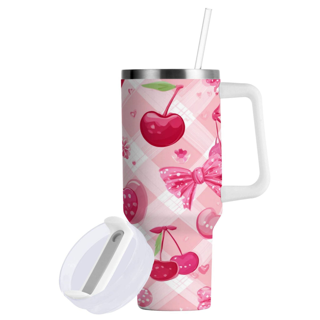 30 oz Insulated Stainless Steel Tumbler Double Wall Stainless Steel Tumbler with 2-Way Drinking Cherry and Pink Bow Pattern C617Z