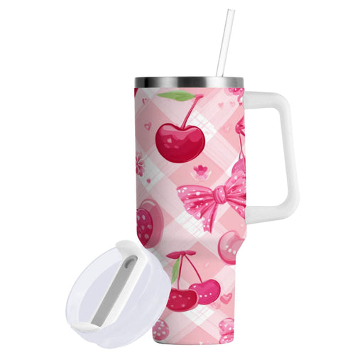 30 oz Insulated Stainless Steel Tumbler Double Wall Stainless Steel Tumbler with 2-Way Drinking Cherry and Pink Bow Pattern C617Z