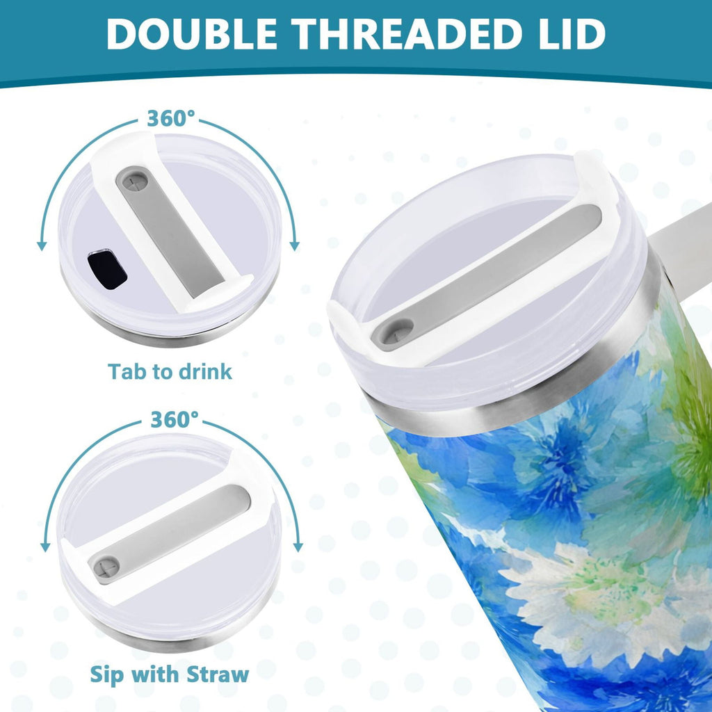 40 oz Insulated Stainless Steel Tumbler Double Wall Stainless Steel Tumbler with 2-Way Drinking Watercolor Blue Cornflowers C567Z