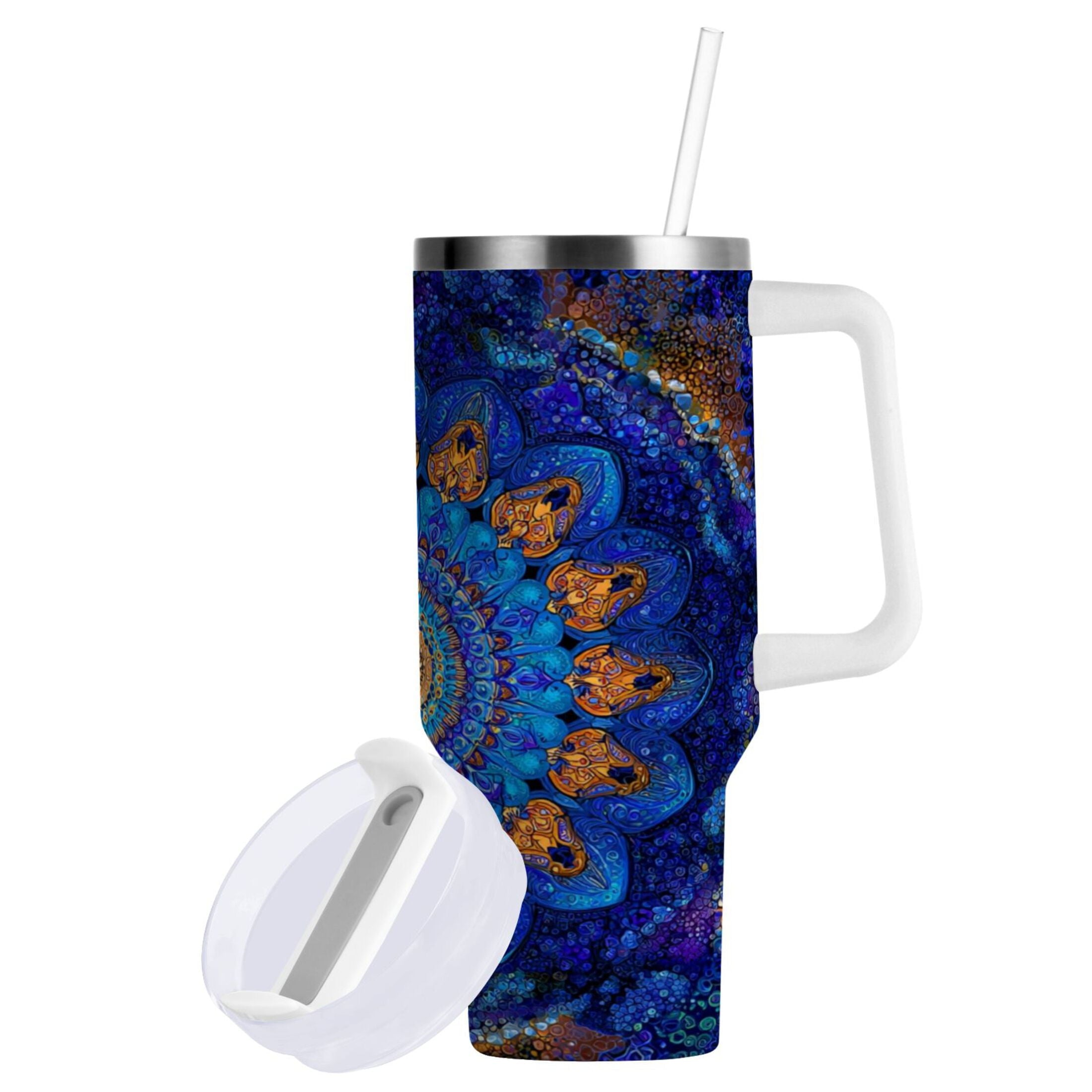 30 oz Insulated Stainless Steel Tumbler Double Wall Stainless Steel Tumbler with 2-Way Drinking Blue Kaleidoscopic Pattern C458N