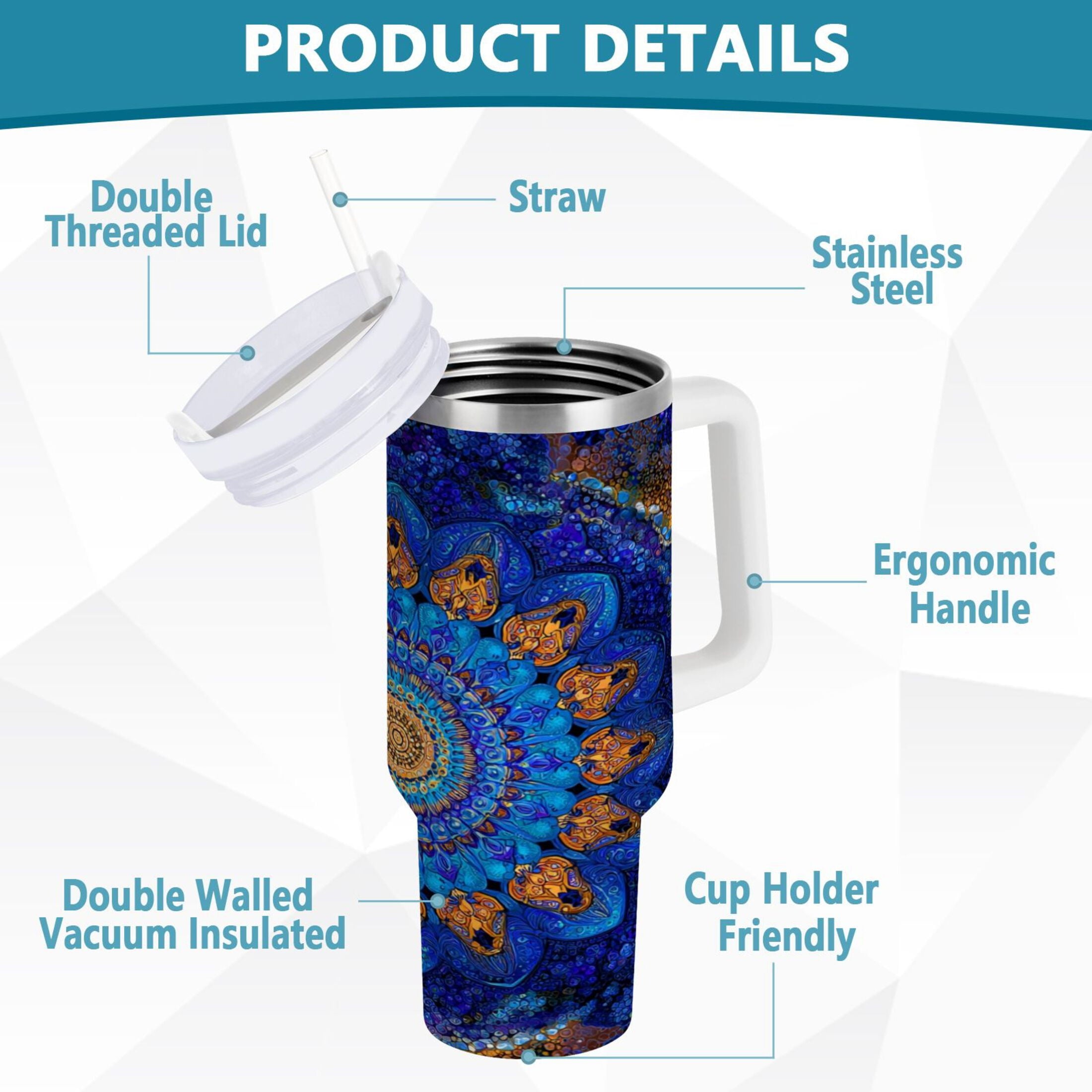30 oz Insulated Stainless Steel Tumbler Double Wall Stainless Steel Tumbler with 2-Way Drinking Blue Kaleidoscopic Pattern C458N