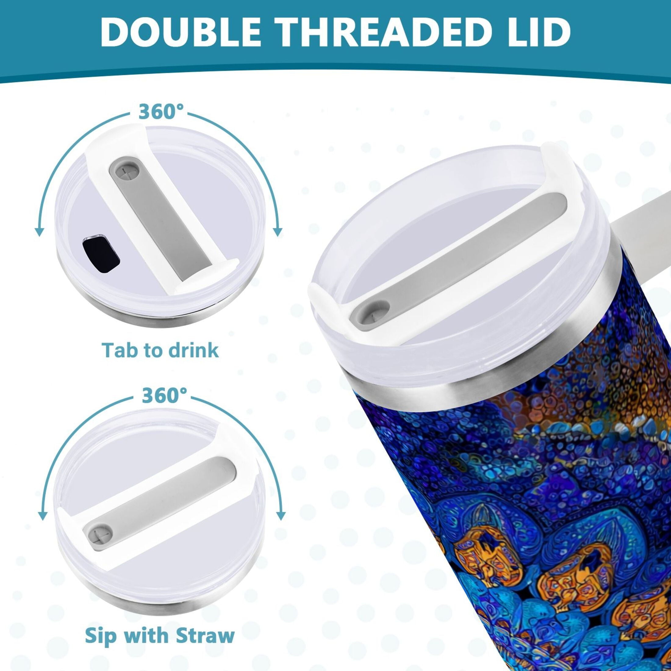 30 oz Insulated Stainless Steel Tumbler Double Wall Stainless Steel Tumbler with 2-Way Drinking Blue Kaleidoscopic Pattern C458N