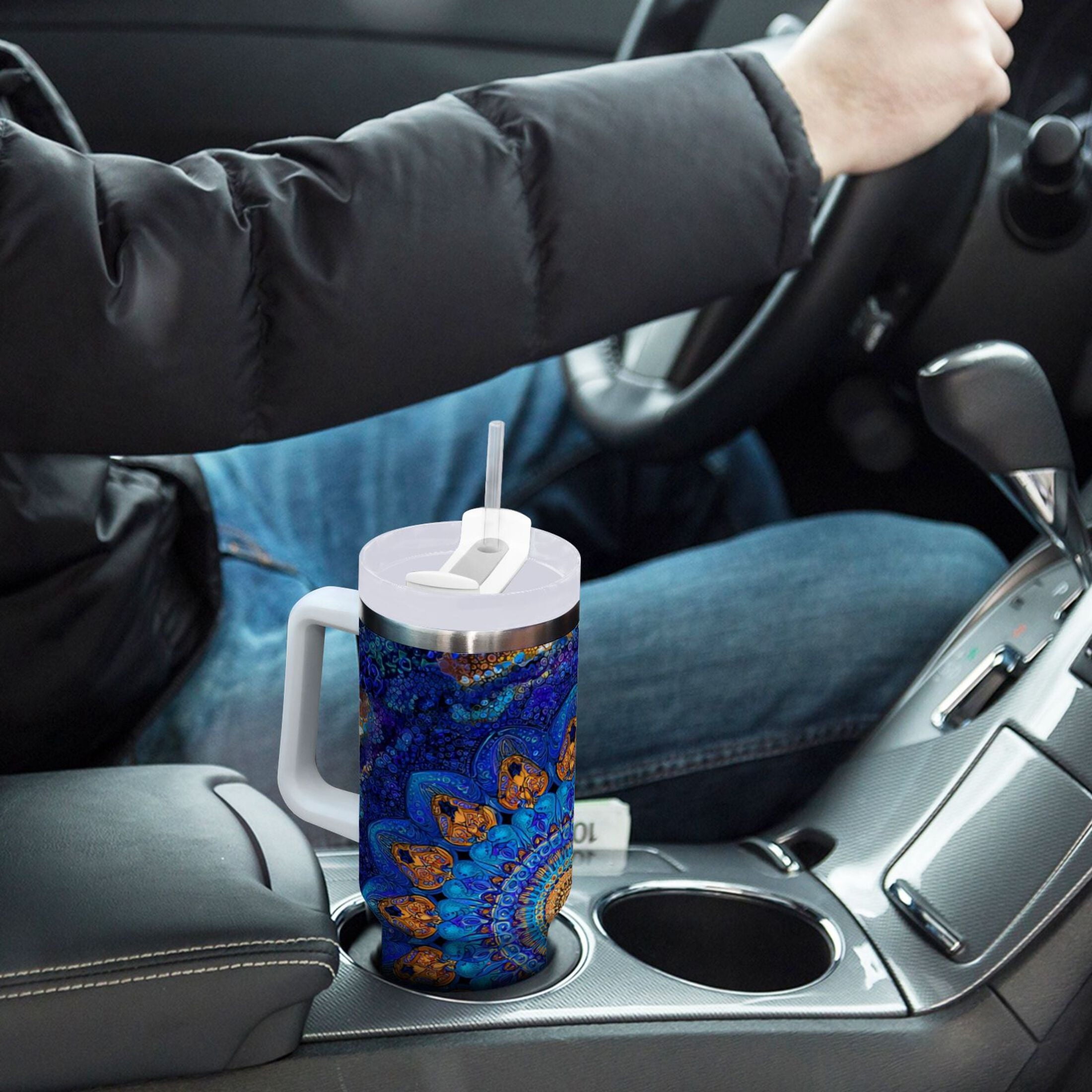 30 oz Insulated Stainless Steel Tumbler Double Wall Stainless Steel Tumbler with 2-Way Drinking Blue Kaleidoscopic Pattern C458N