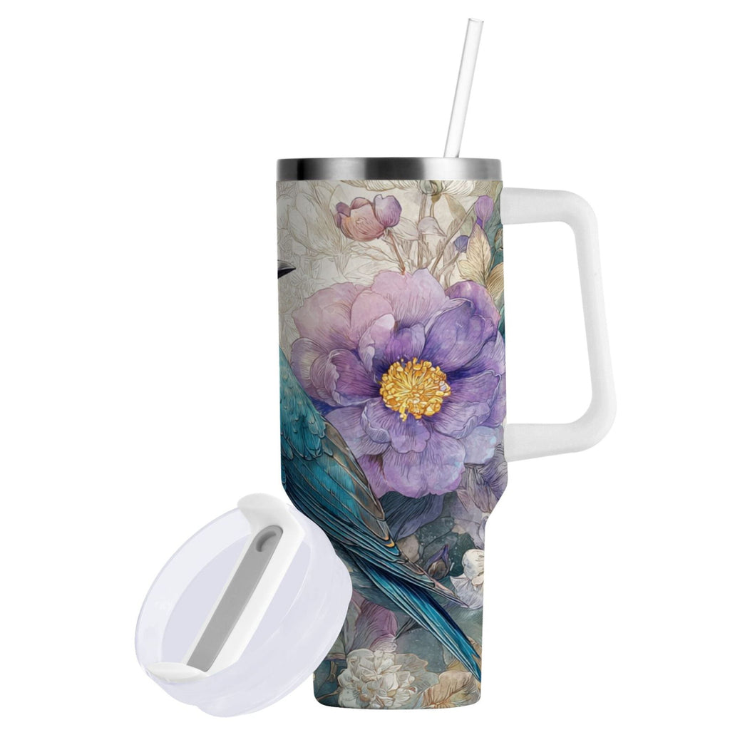 30 oz Insulated Stainless Steel Tumbler Double Wall Stainless Steel Tumbler with 2-Way Drinking Bluebird and Flower C538D